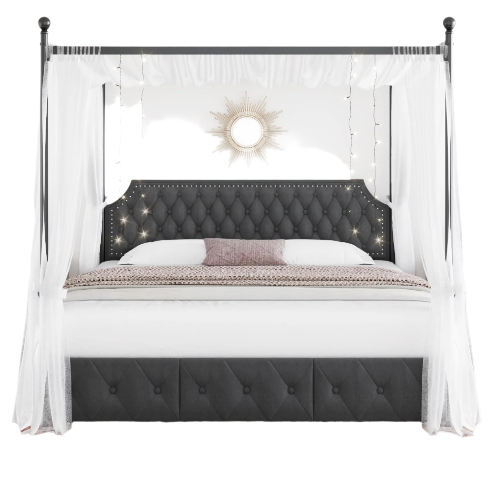 King Upholstered Canopy Bed Frame with 3 Drawers and Button Tufted Headboard