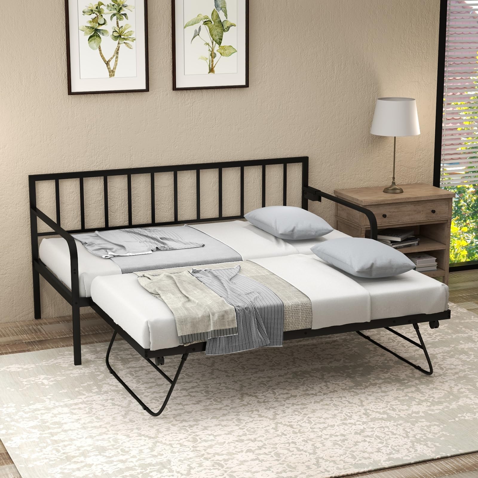 Daybed with Charging Station & LED Lights, Metal Sofa Bed Frame