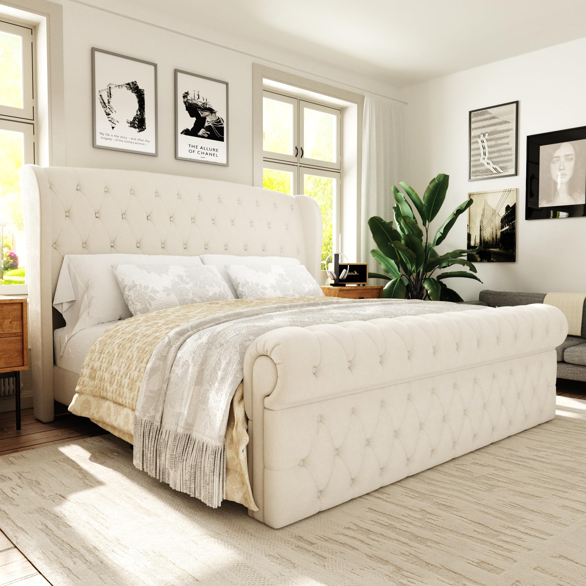 Queen Upholstered Sleigh Bed Frame with 52" Tall Wingback Headboard, Noise-Free
