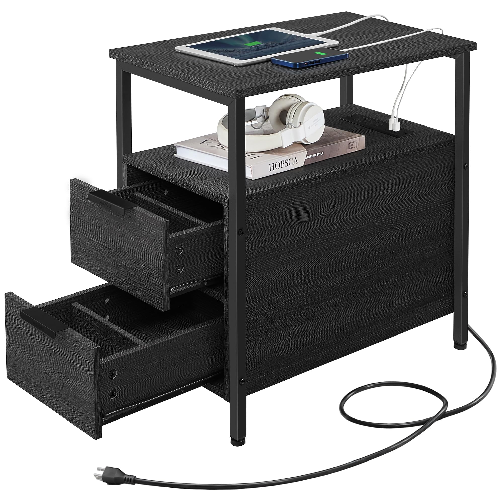 Side Table with Charging Station, Narrow End Table with 2 Drawers