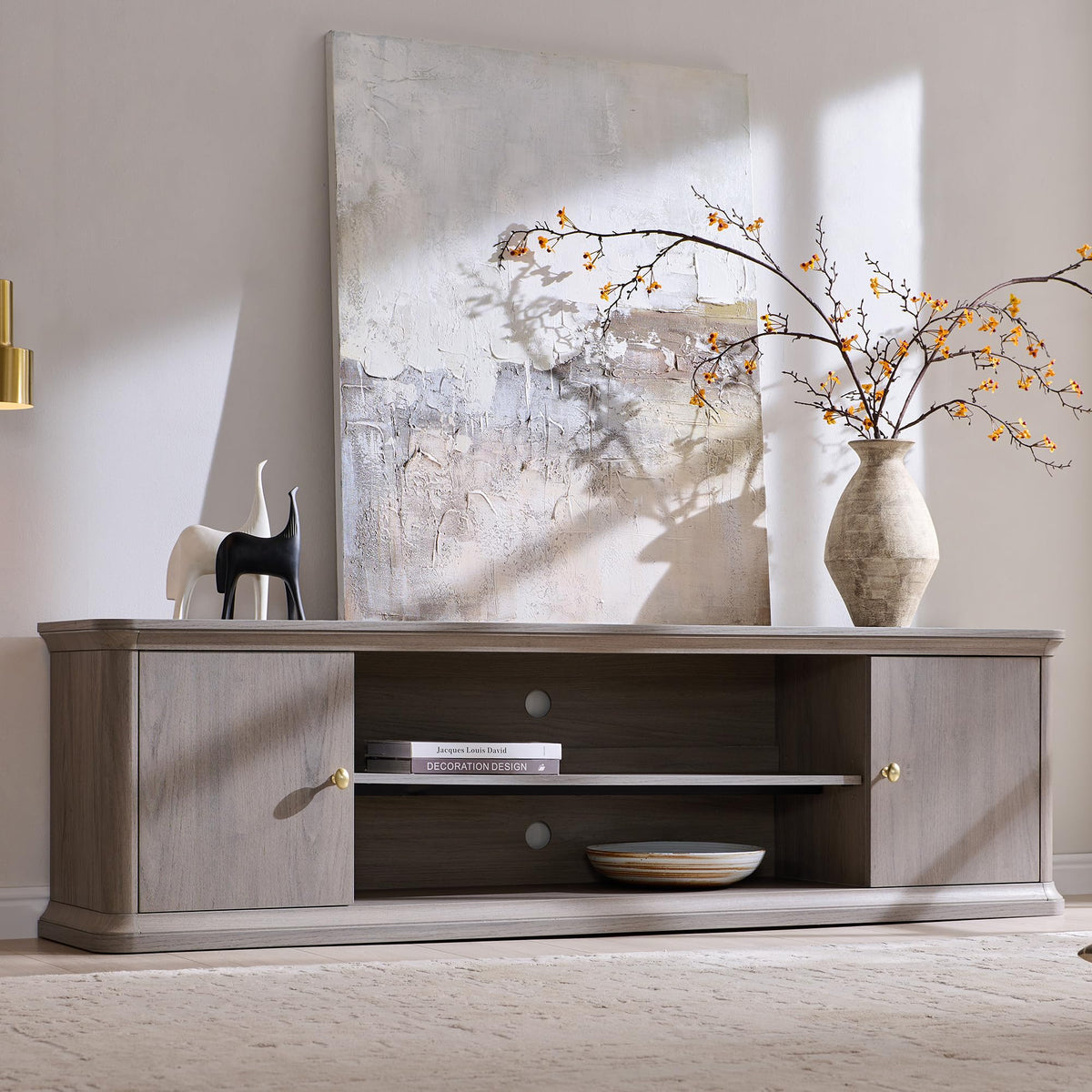 70" TV Stand with Storage Cabinets & Curved Wood Console