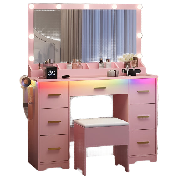 Fluted Makeup Vanity with Large Lighted Mirror and Chair, 7 Drawer Dressing