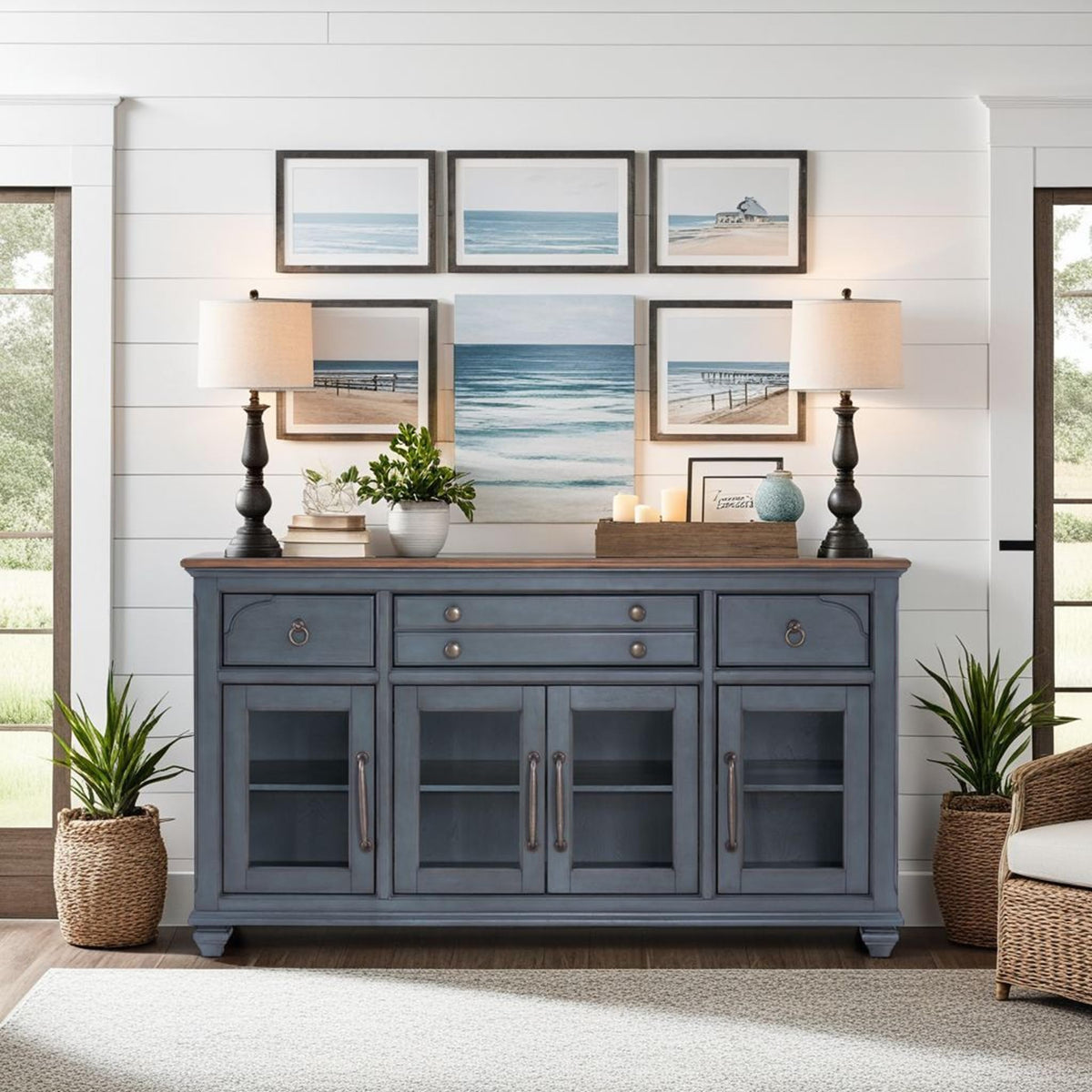 66" Farmhouse Buffet Sideboard with Glass Doors, 3 Drawers & Soft-Close Hinges