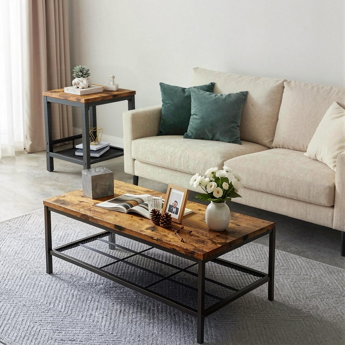 3-Piece Industrial Coffee Table Set with Metal Legs