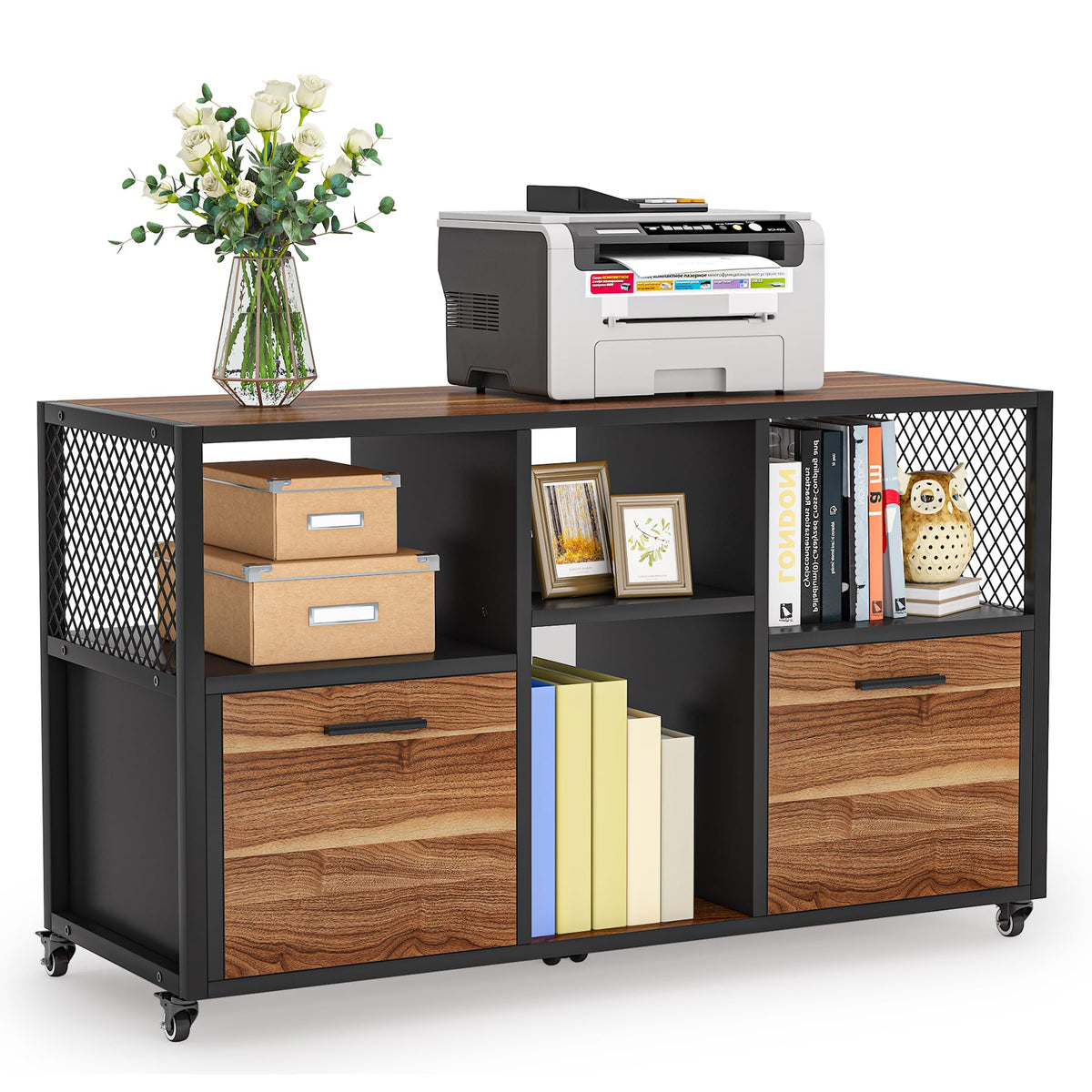 Mobile Lateral Filing Cabinet with Drawers & Open Shelves