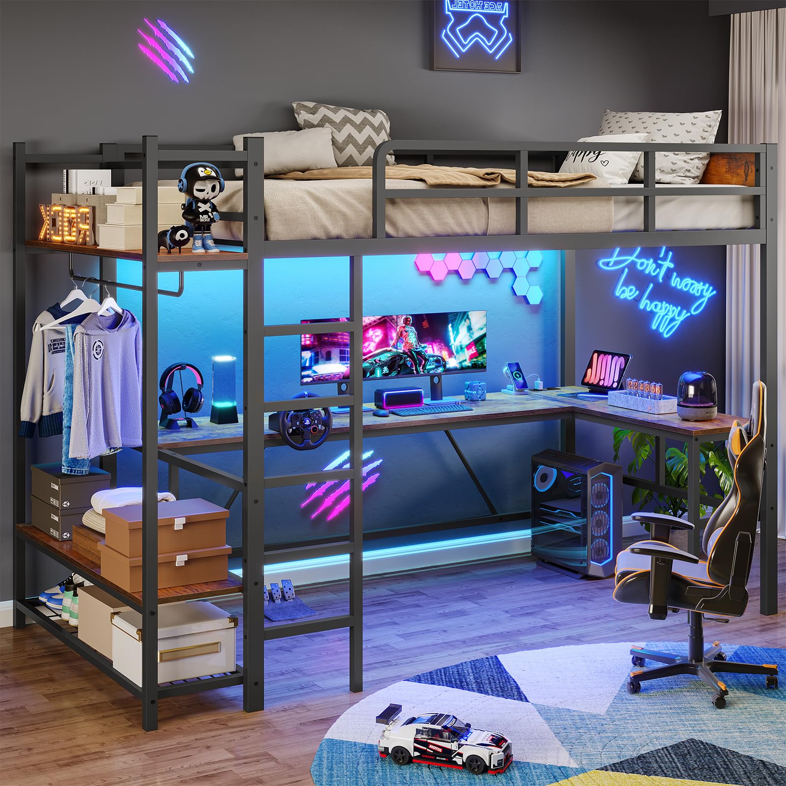 Loft Bed with L-Shaped Desk, LED Lights and Charging Sation, Loft Bed Twin
