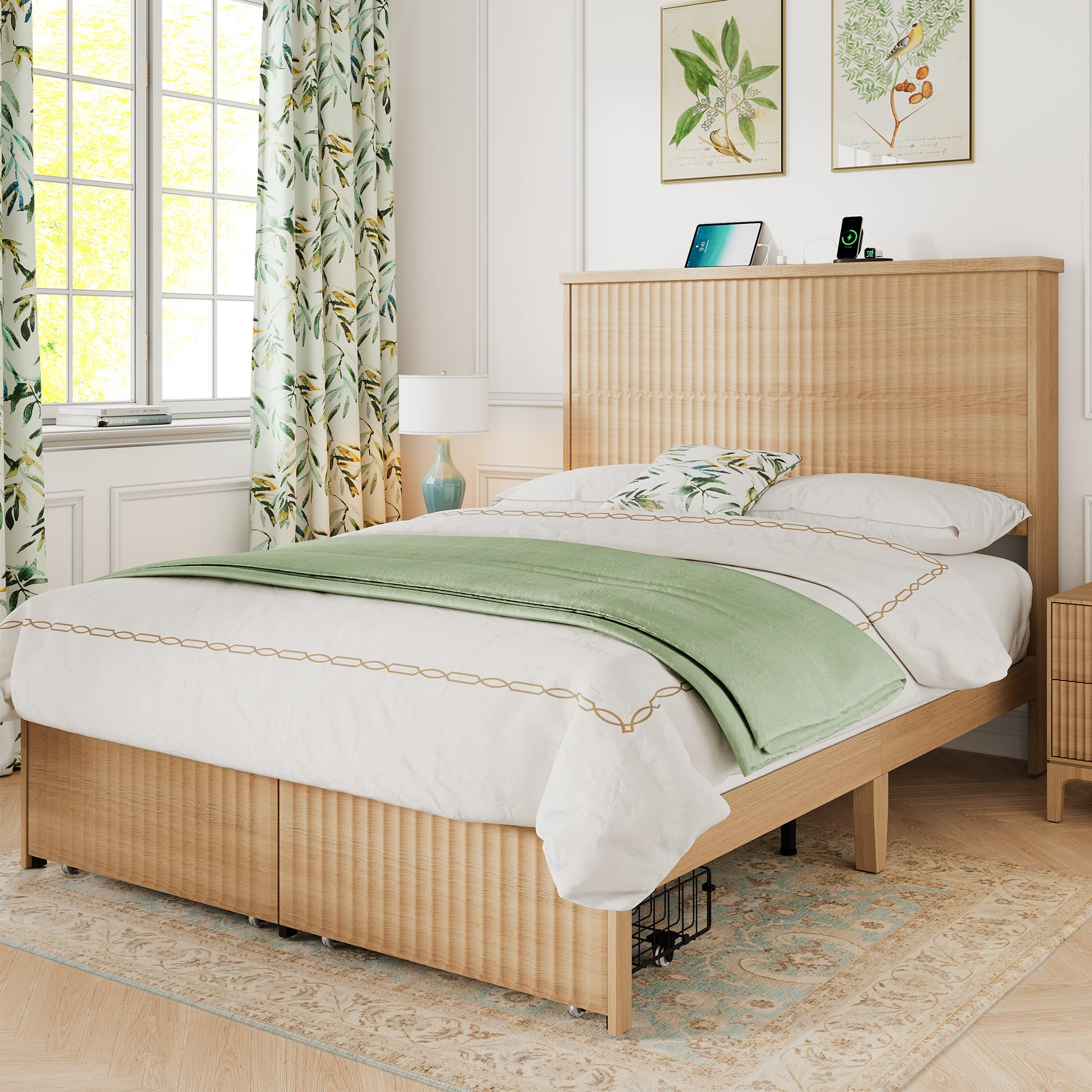 Retro Fluted Queen Bed Frame with 55" Tall Headboard