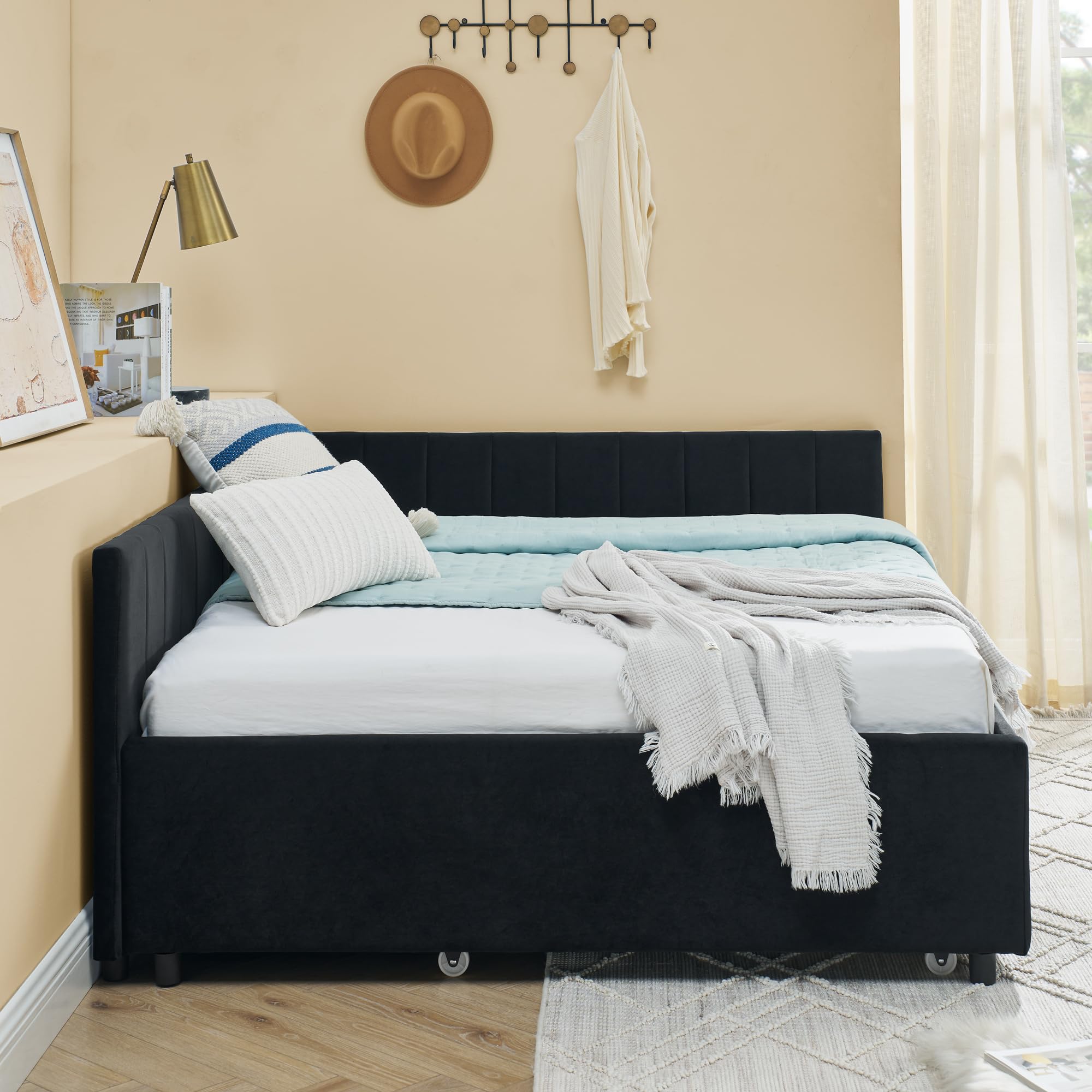 Hidden Trundle, Modern Tufted Velvet Upholstered Full Size Sofa