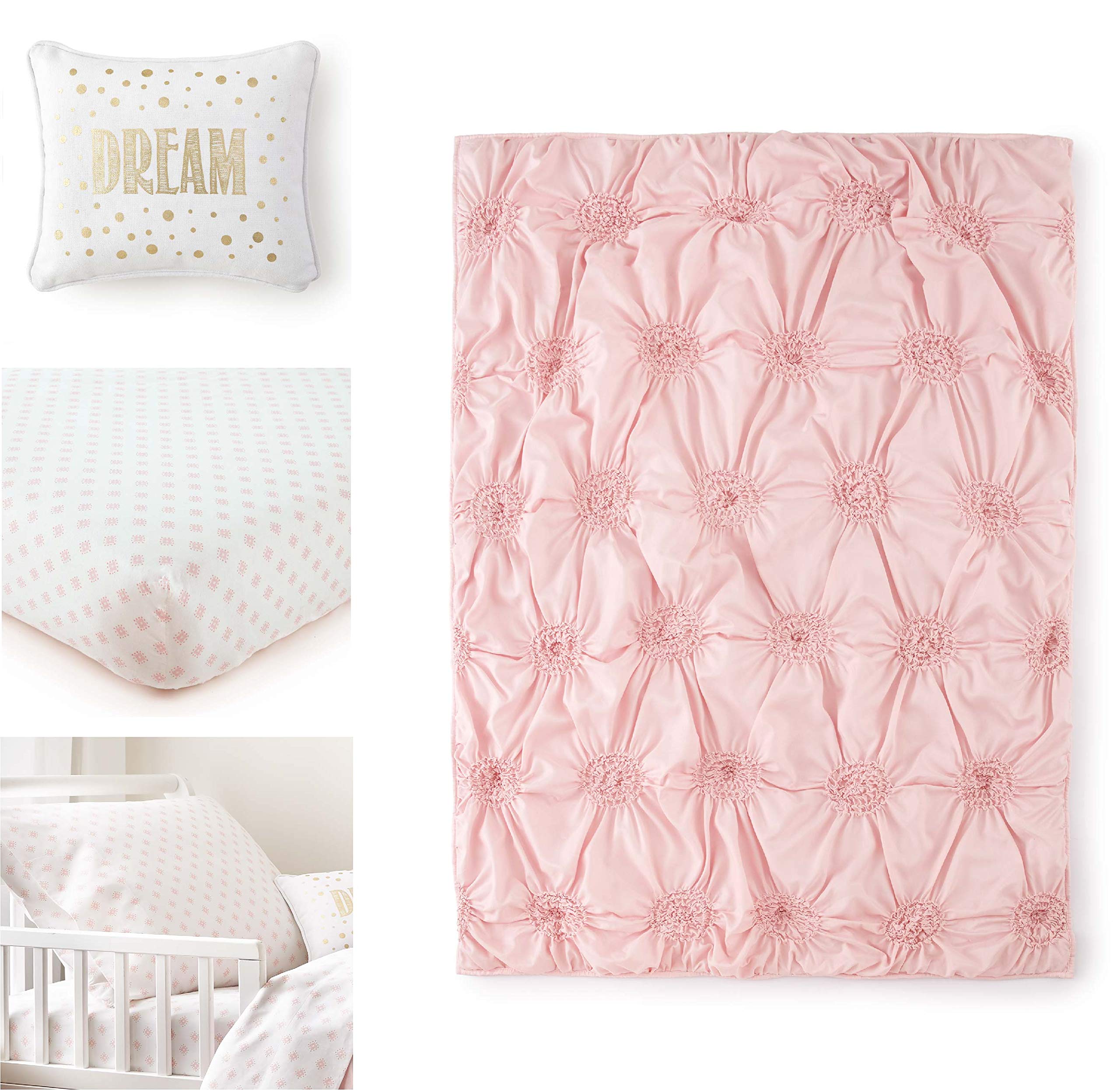 Toddler Bed Set - Pink - Soft Rosette Pintuck - 5 Piece Set Includes