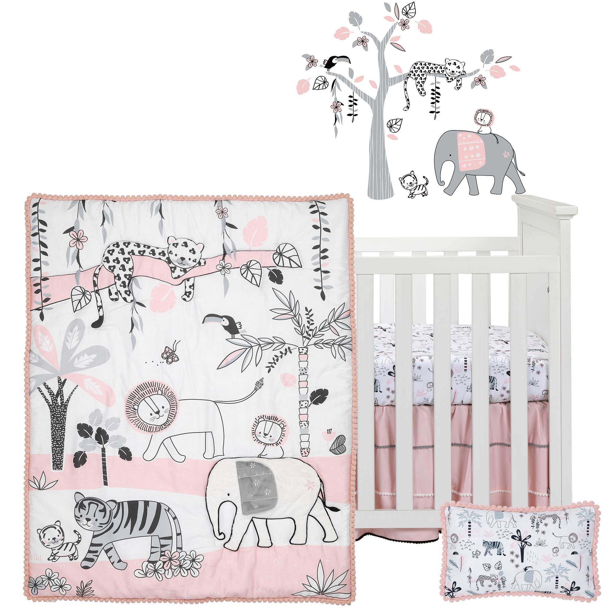 Happy Jungle Pink/White Safari Nursery 5-Piece Crib Bedding Set
