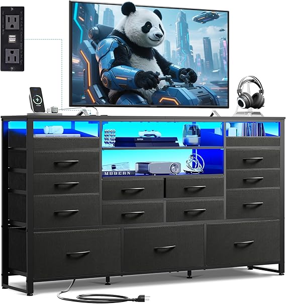 15 Drawer Dresser for Bedroom, Black Dresser TV Stand for 55, 60