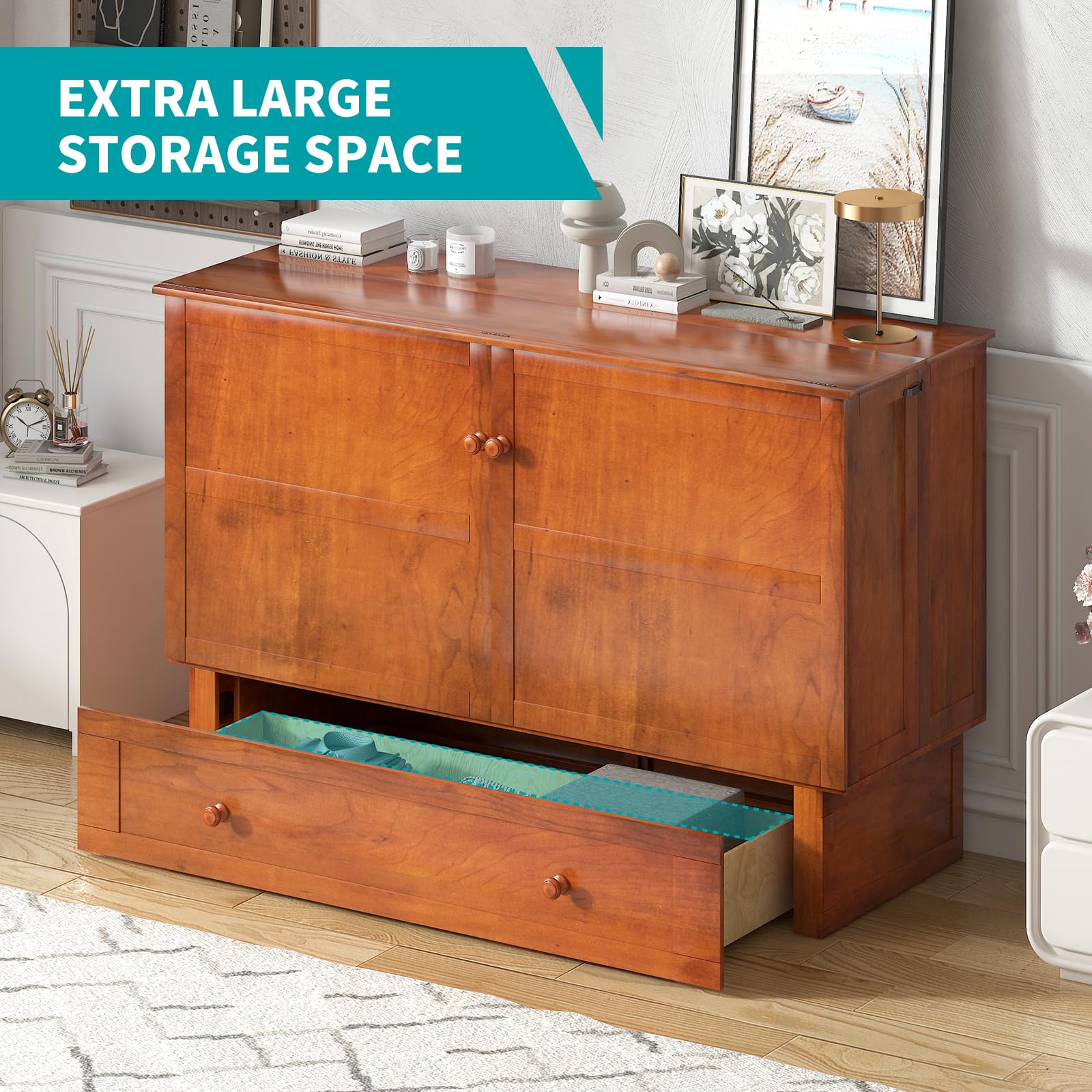 Bed Cabinet, Queen Chest Bed with Foldable Foam Mattress, USB Charging