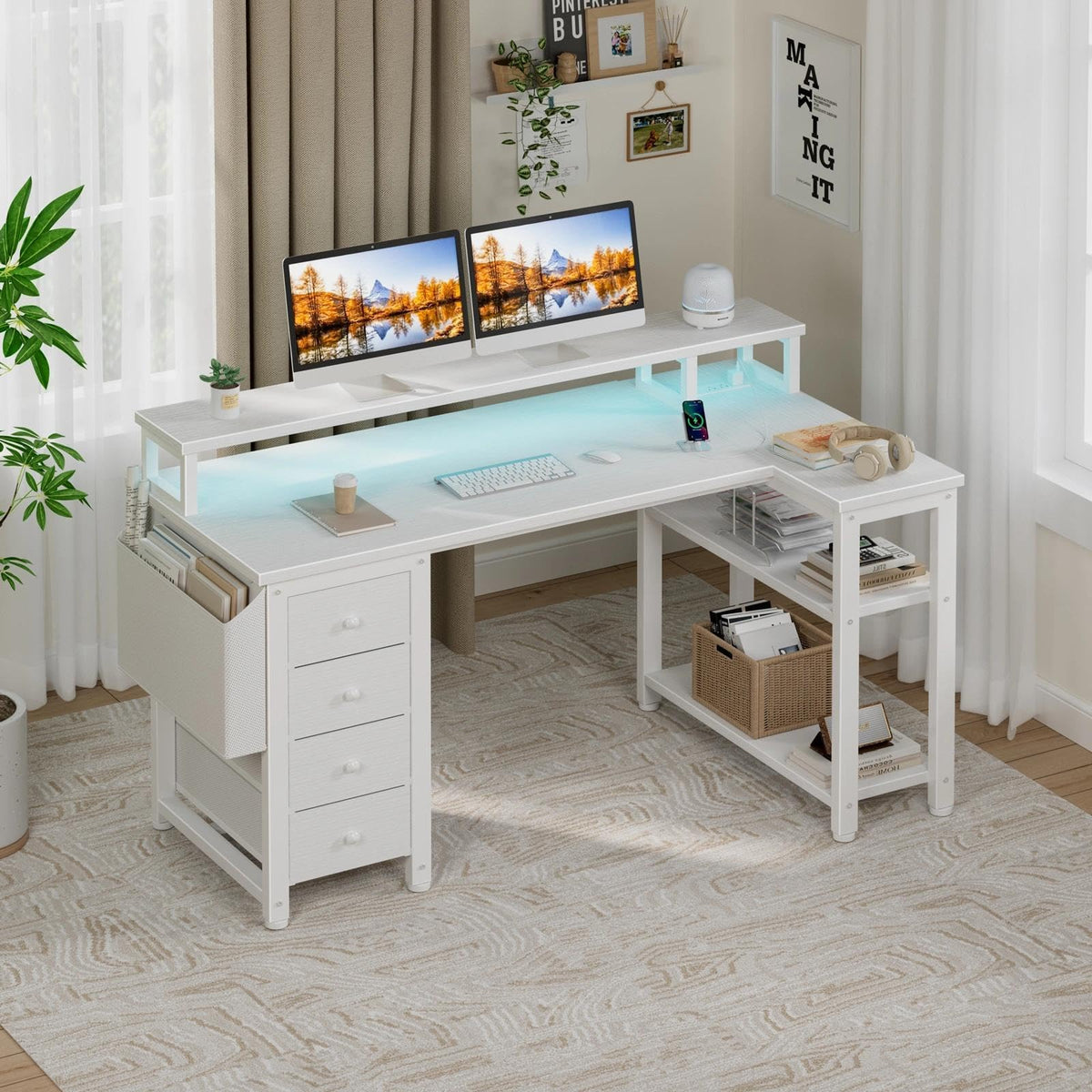47" L-Shaped Gaming Desk with LED Lights, Power Outlets & Monitor Stand
