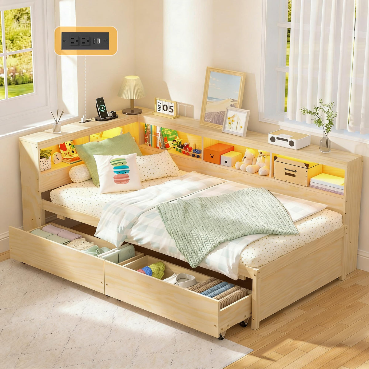 Twin Corner Bed Frame with Storage, LED Lights & Charging Station