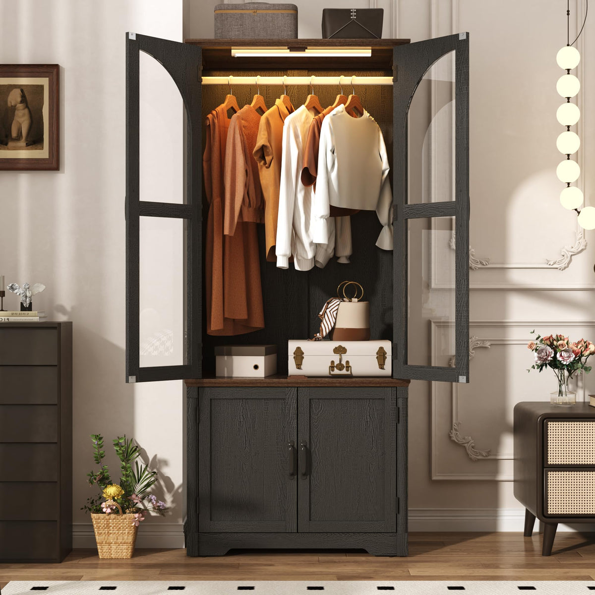 72" Farmhouse Armoire Wardrobe with LED Light & Arched Glass Doors