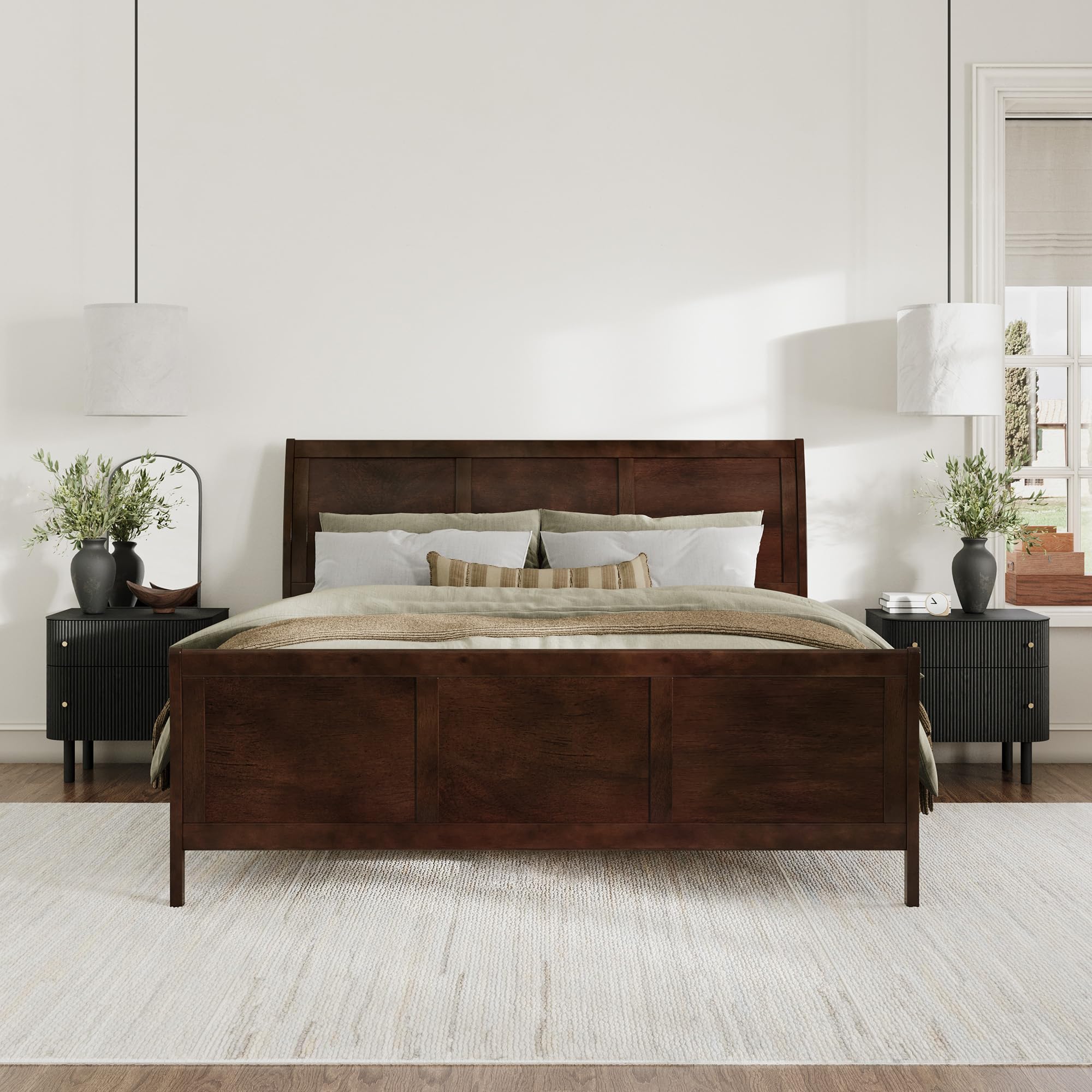 Solid Wood Low Profile Sleigh Platform Bed with Matching Footboard in Walnut
