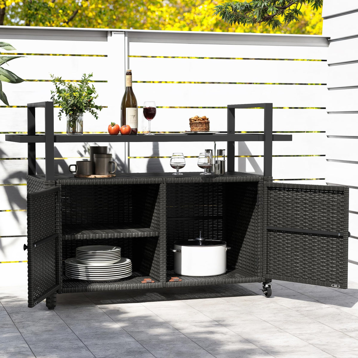 Outdoor Bar Cart with Glass Top & Storage Cabinet