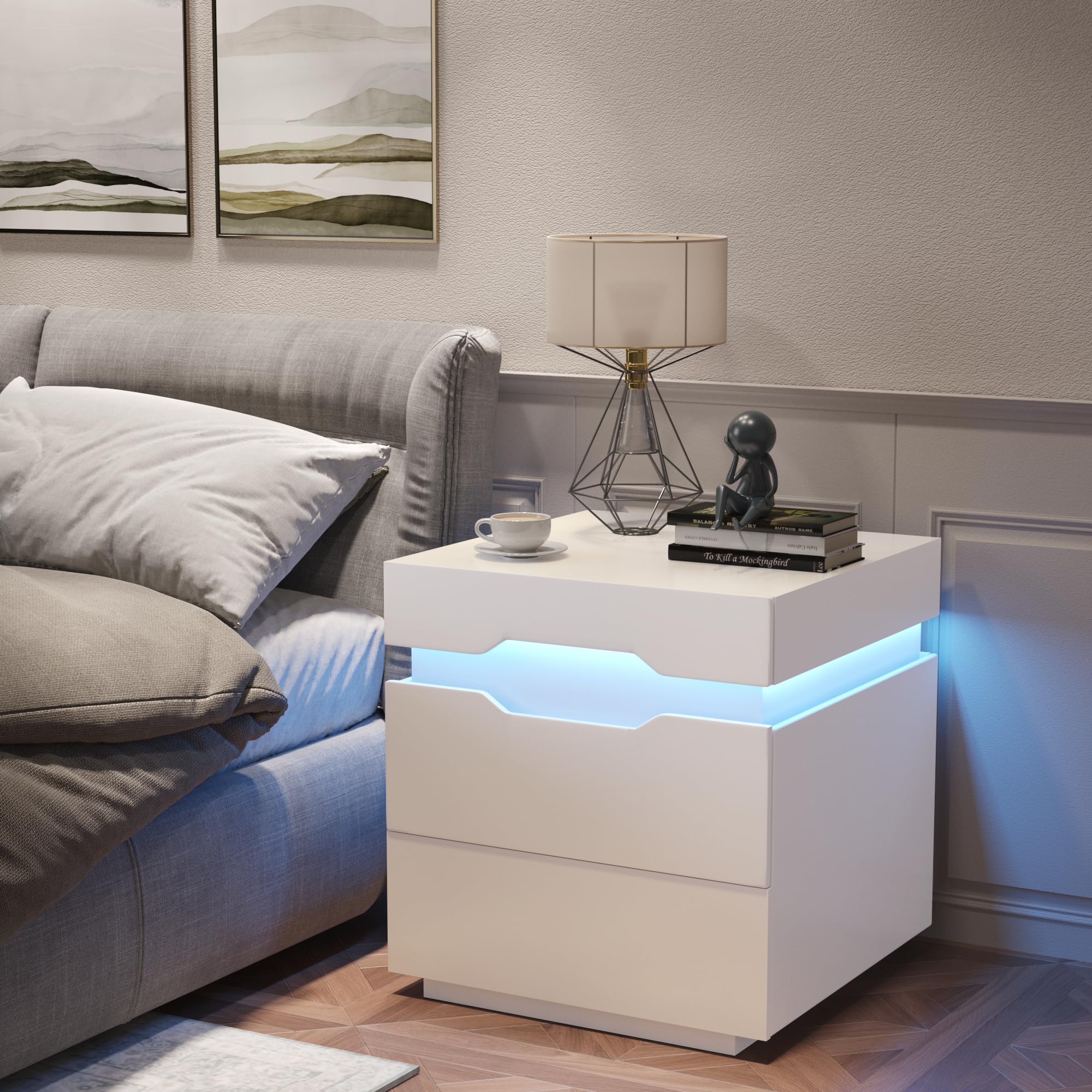 Nightstand with LED Light and Charging Station, Endtable with 2 Drawers