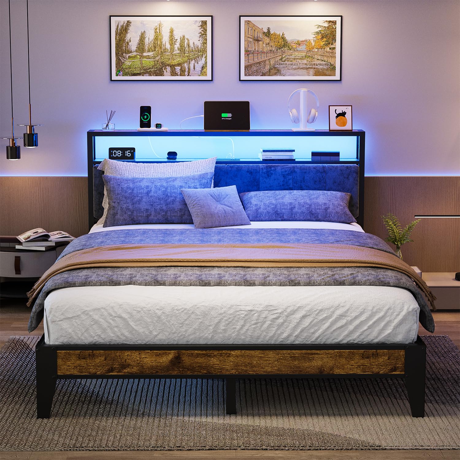 Frame Metal Platform Bed Queen Size with 2-Tier Storage & LED Light Headboard