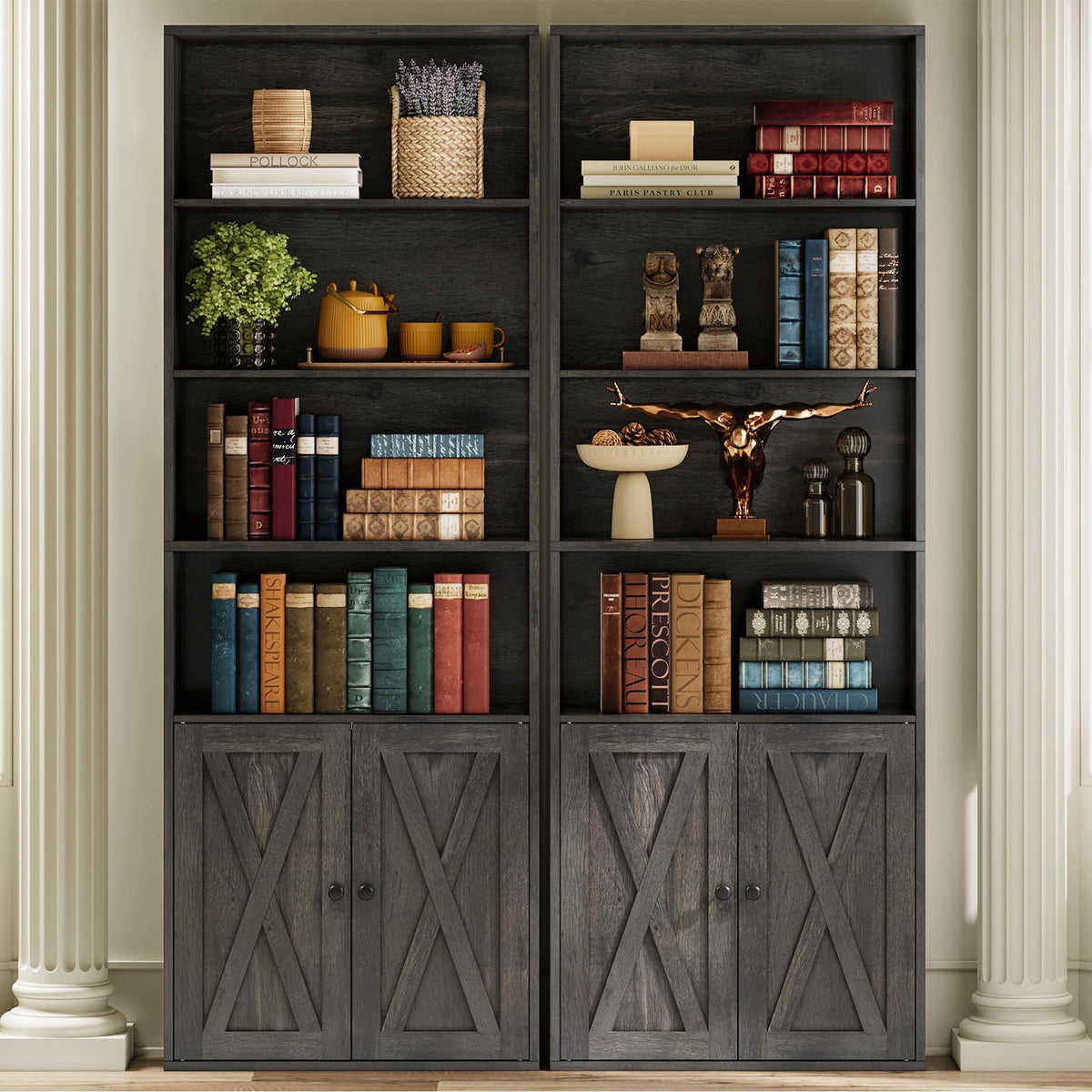 6-Tier Tall Bookcase with Doors, Set of 2