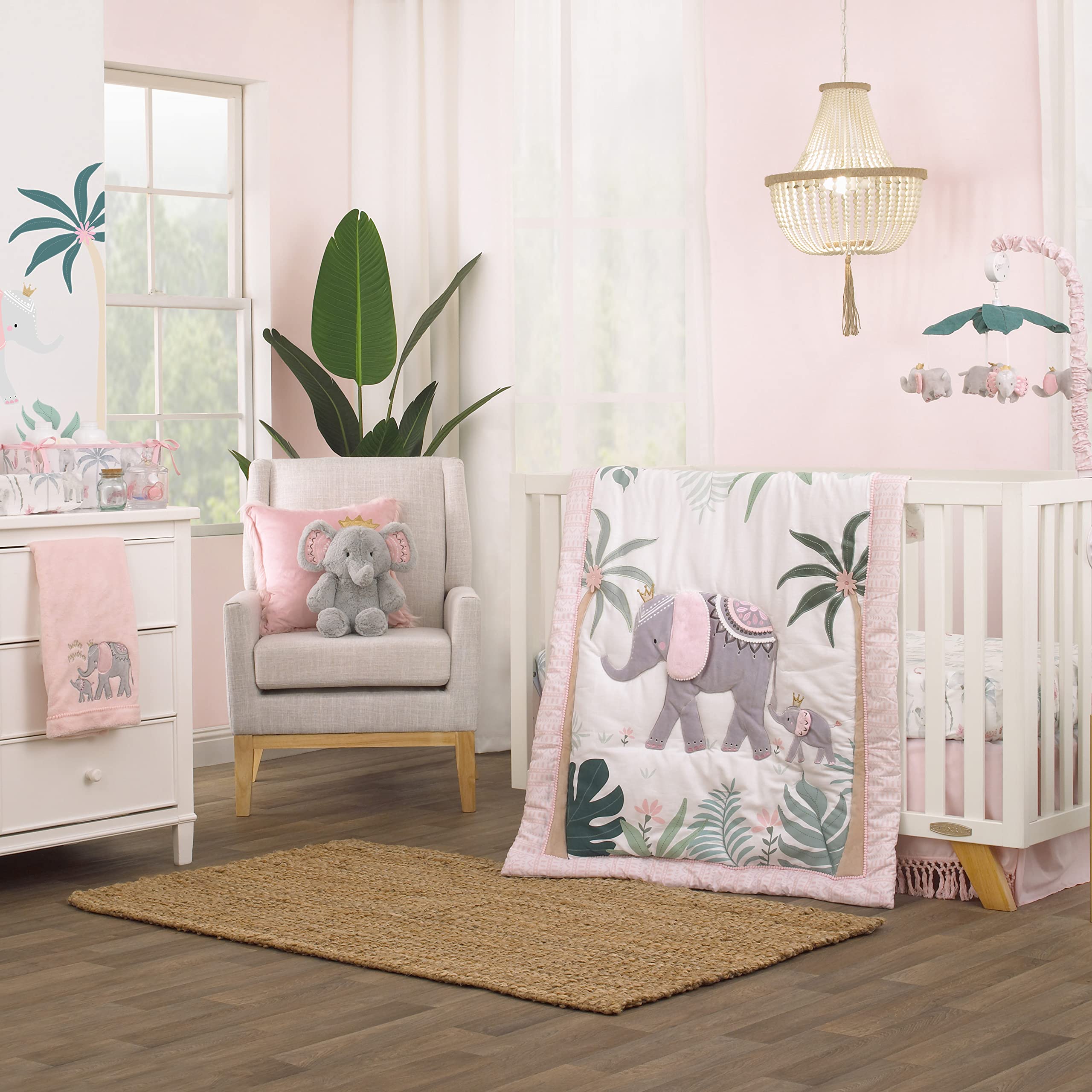 Tropical Princess Elephant/Jungle Pink and Green 4 Piece Crib Bedding Set
