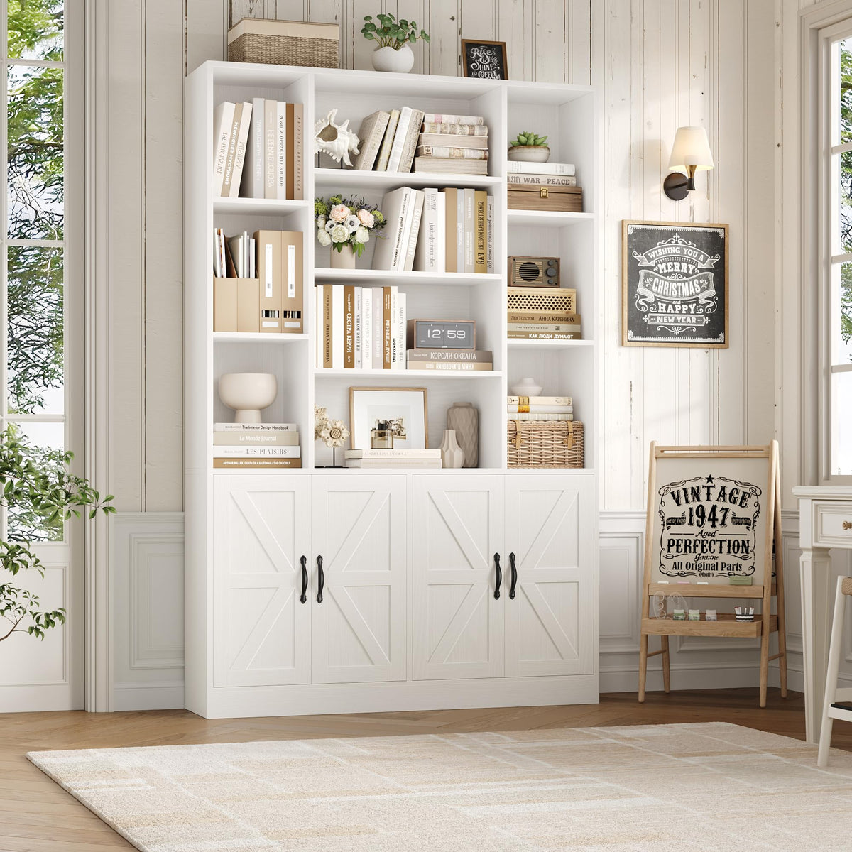 72" Tall Farmhouse Bookcase with 4 Barn Doors, 10 Open Shelves and 750 lb Capacity