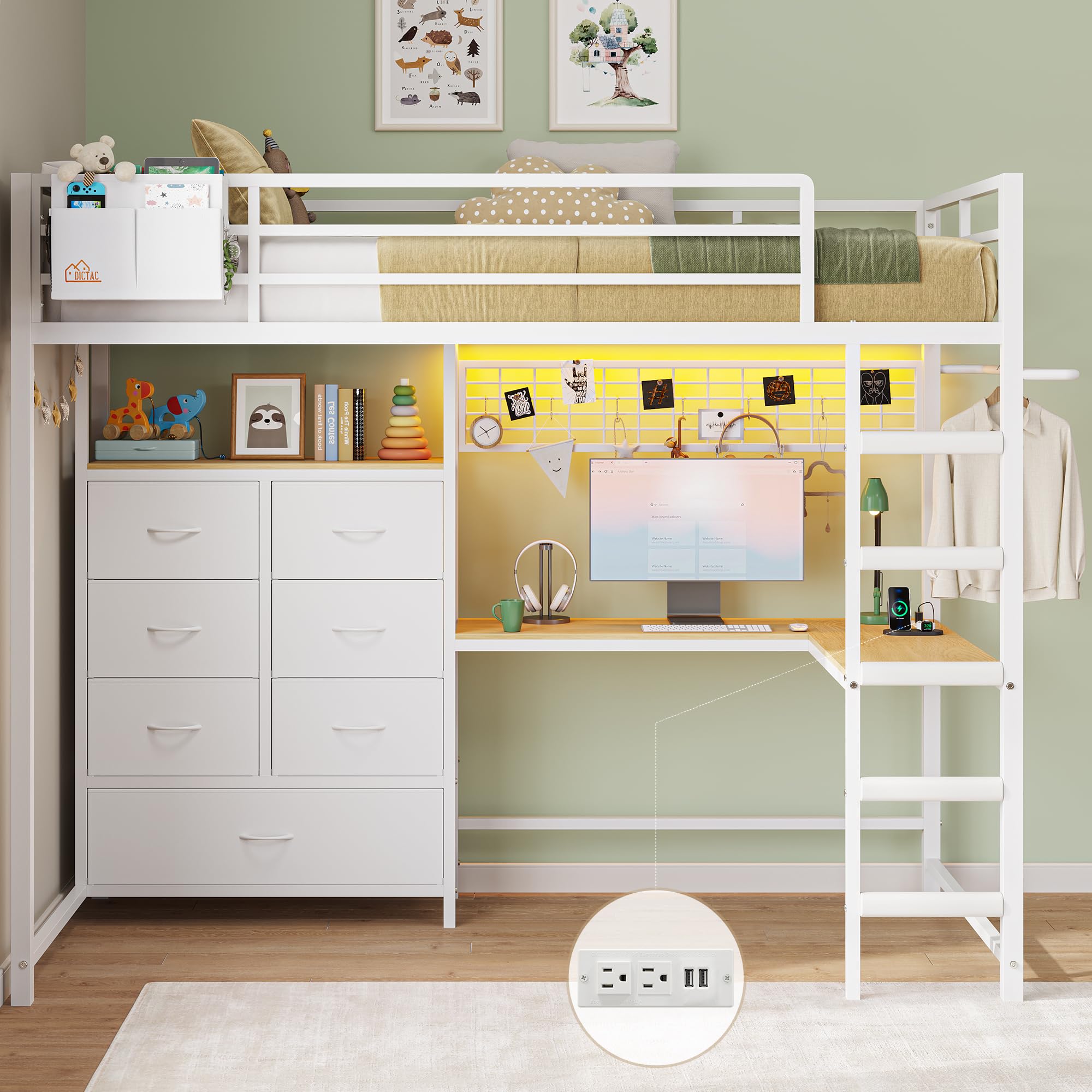 Twin Size Loft Bed with L-Shaped Desk and 7 Storage