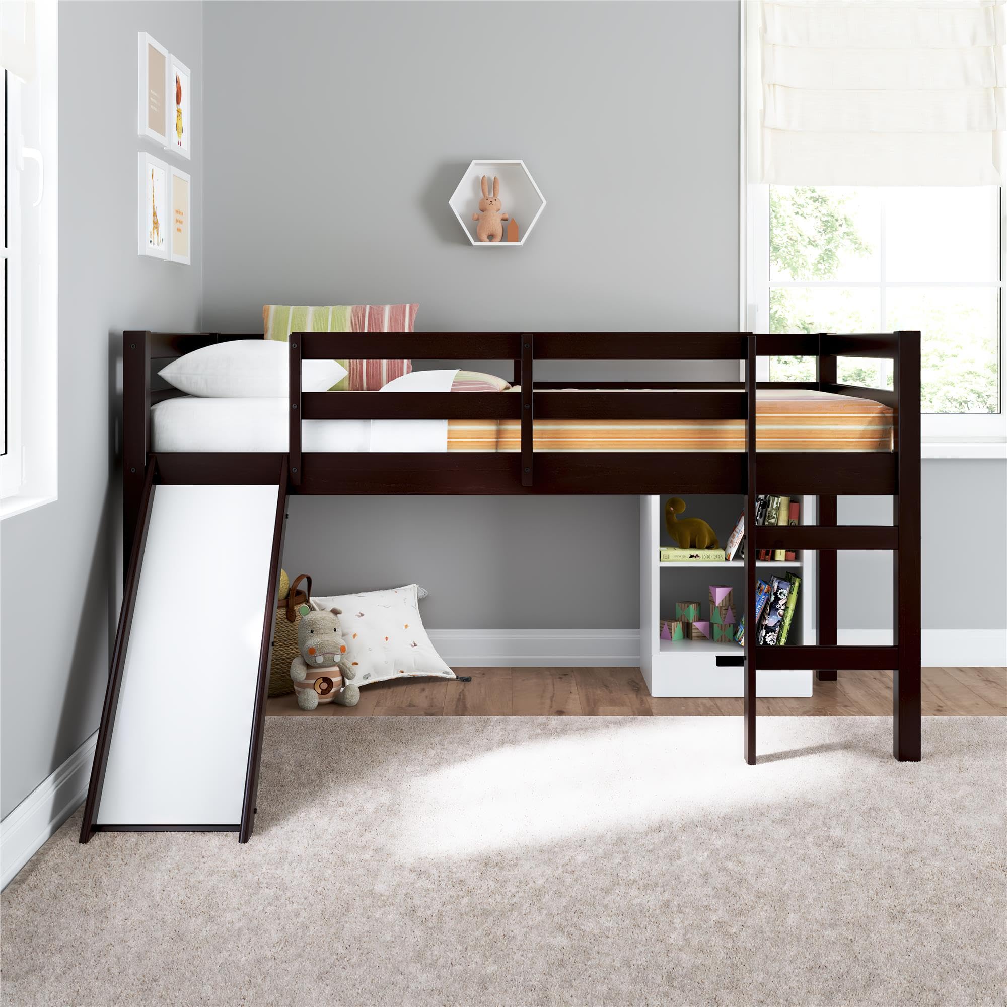 Kids' Low Loft Bed with Slide, Twin, Brown