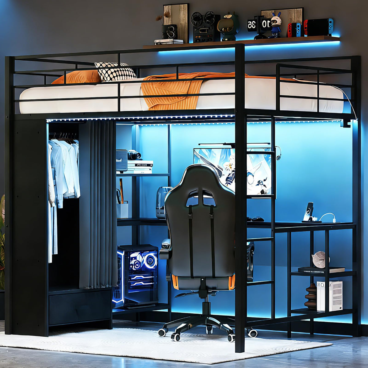 Gaming Loft Bed with Desk, Wardrobe & RGB Lights