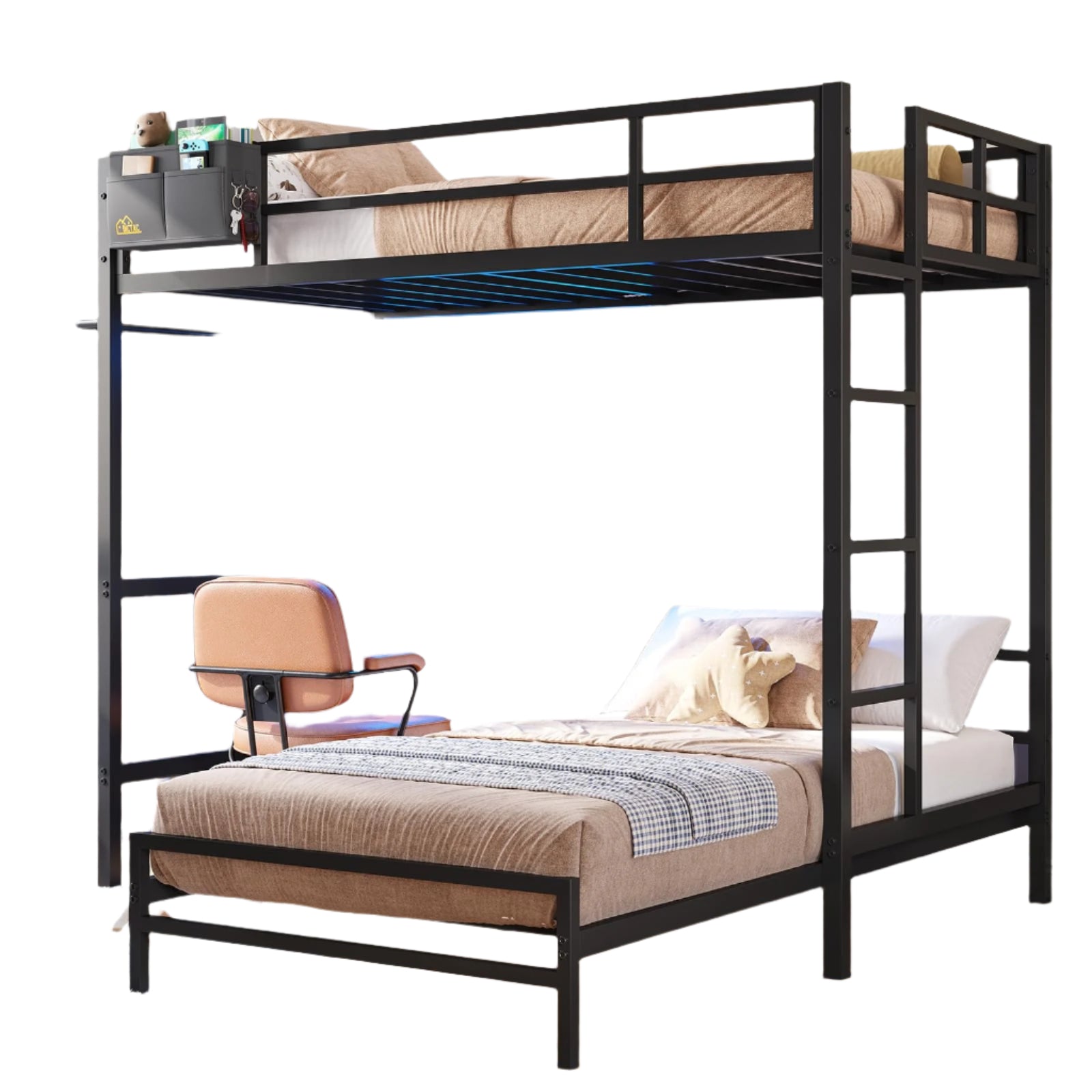 Bunk Bed Twin Over Twin Size with Desk and Charging Station L-Shaped Metal Bunk Bed
