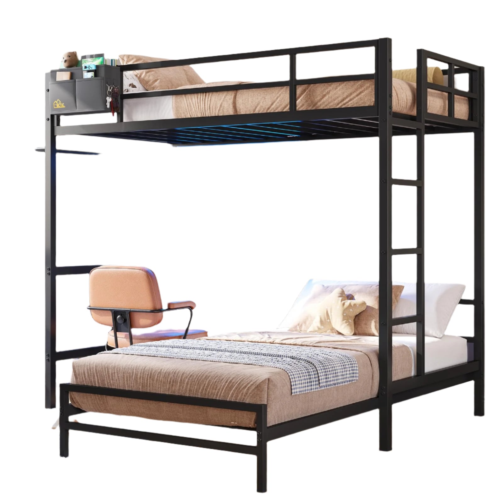 Bunk Bed Twin Over Twin Size with Desk and Charging Station L-Shaped