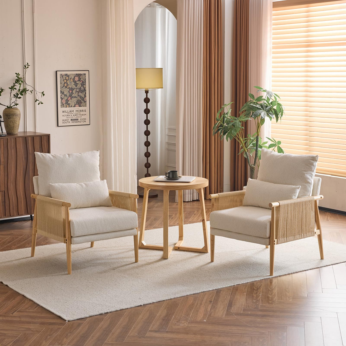 Chenille Accent Chair with Rattan Arms
