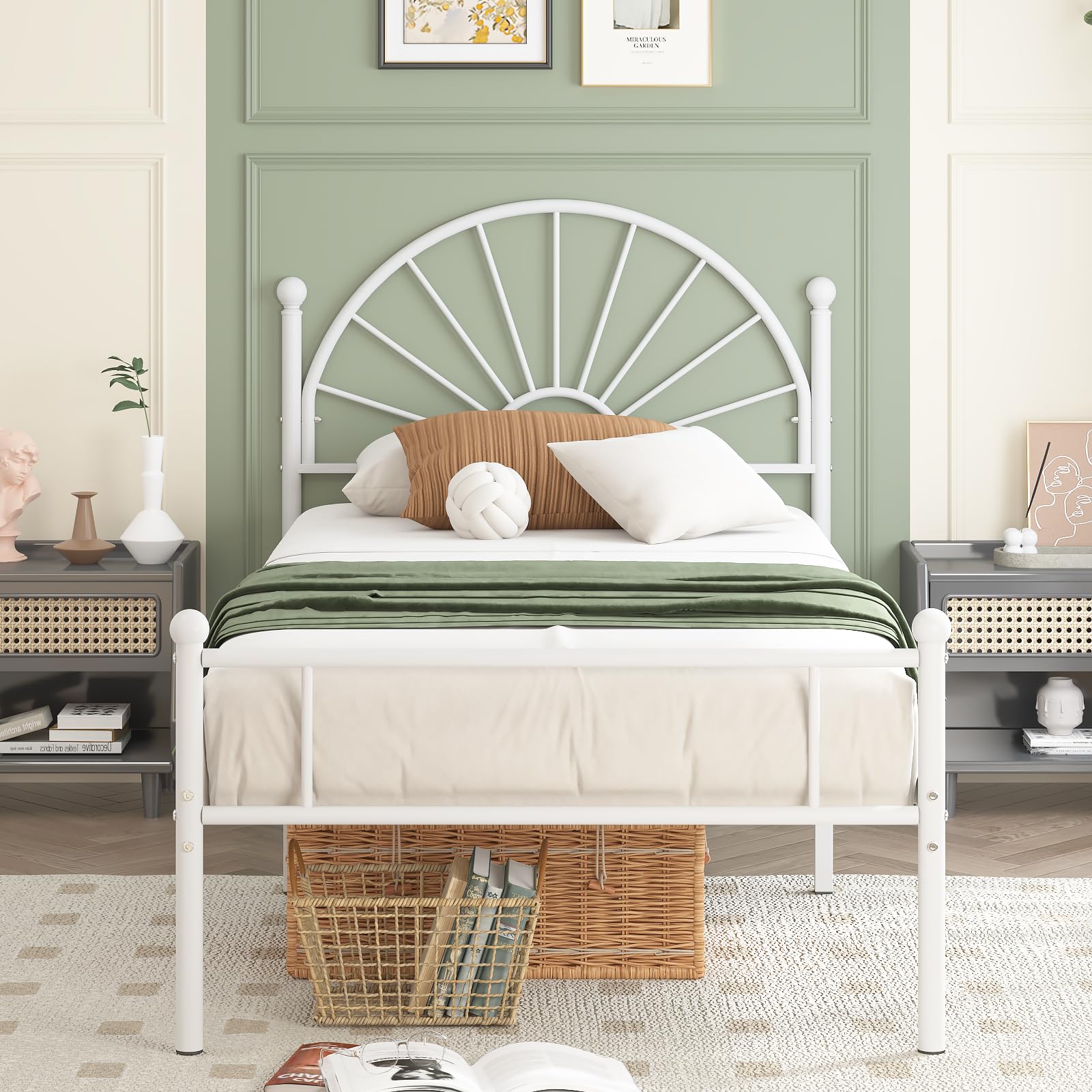 Twin Bed Frame with Headboard and Footboard, White Bed Frame Twin Size Bed