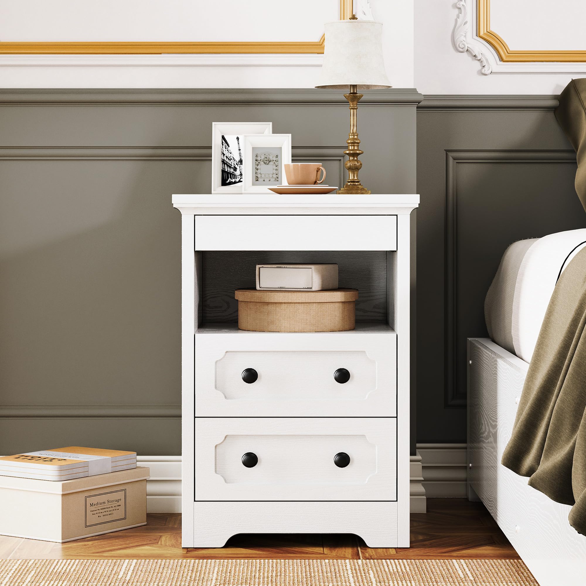 Night Stand, Modern Bedside Table with 2 Drawers, Open Shelf