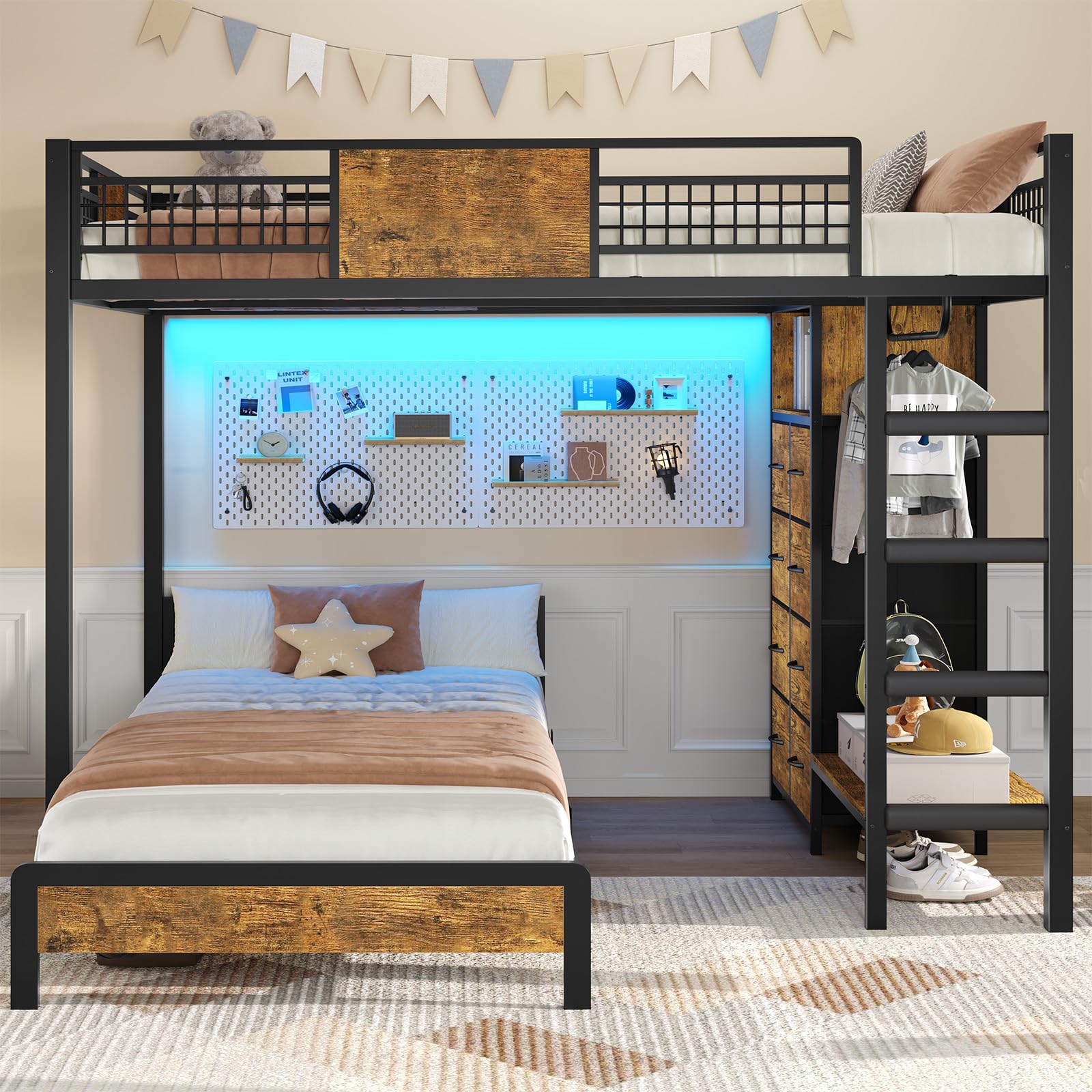 Full Over Twin Bunk Bed with 8 Storage Drawers, Metal Loft Bed with Led Lights
