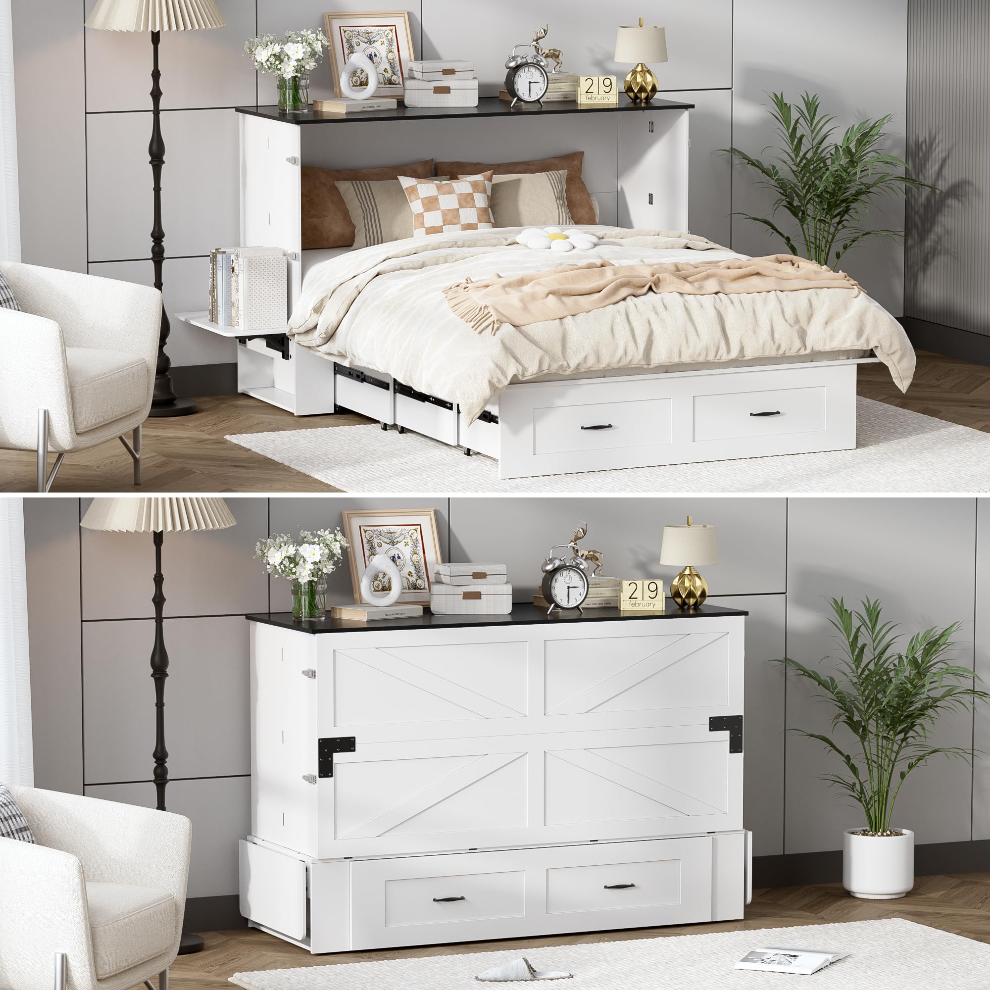 Murphy Bed Queen, Foldable Bed Murphy Cabinet with Storage & Charging Station