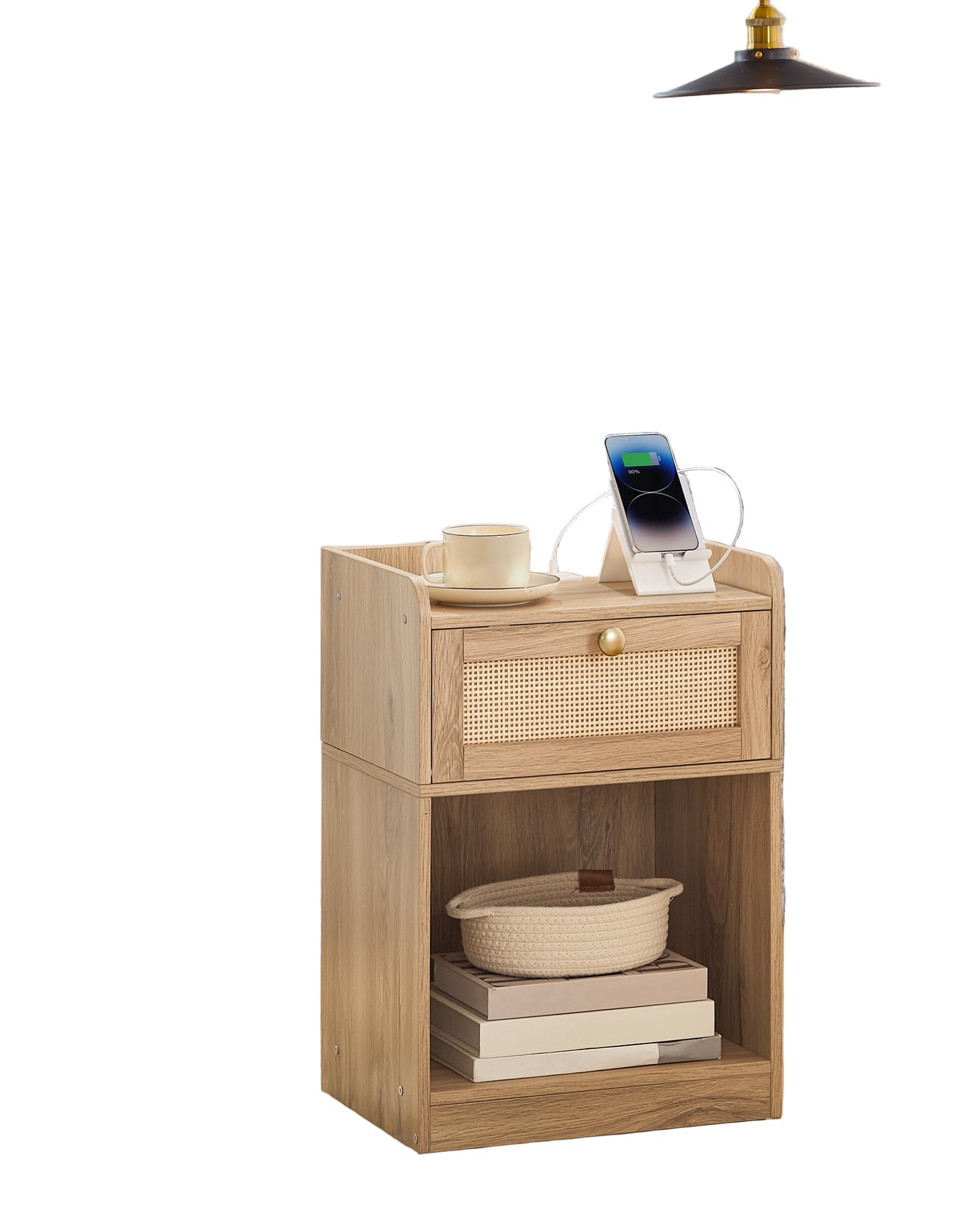 Nightstand with Charging Station, Side Table with Rattan-Style Drawer