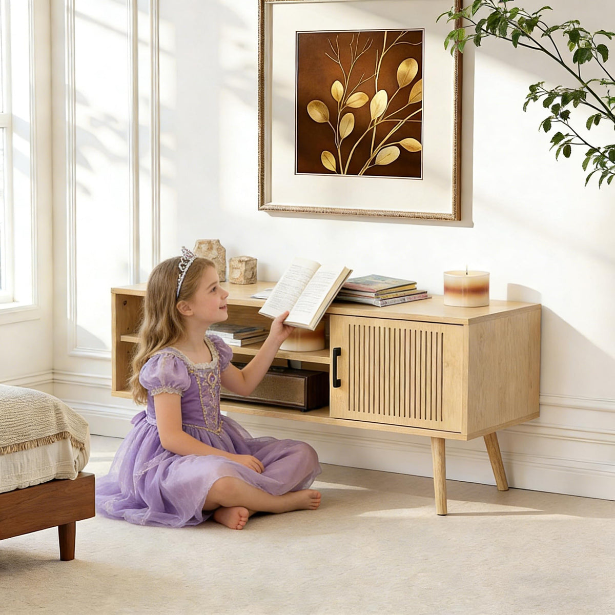 Fluted TV Stand with Storage Cabinet
