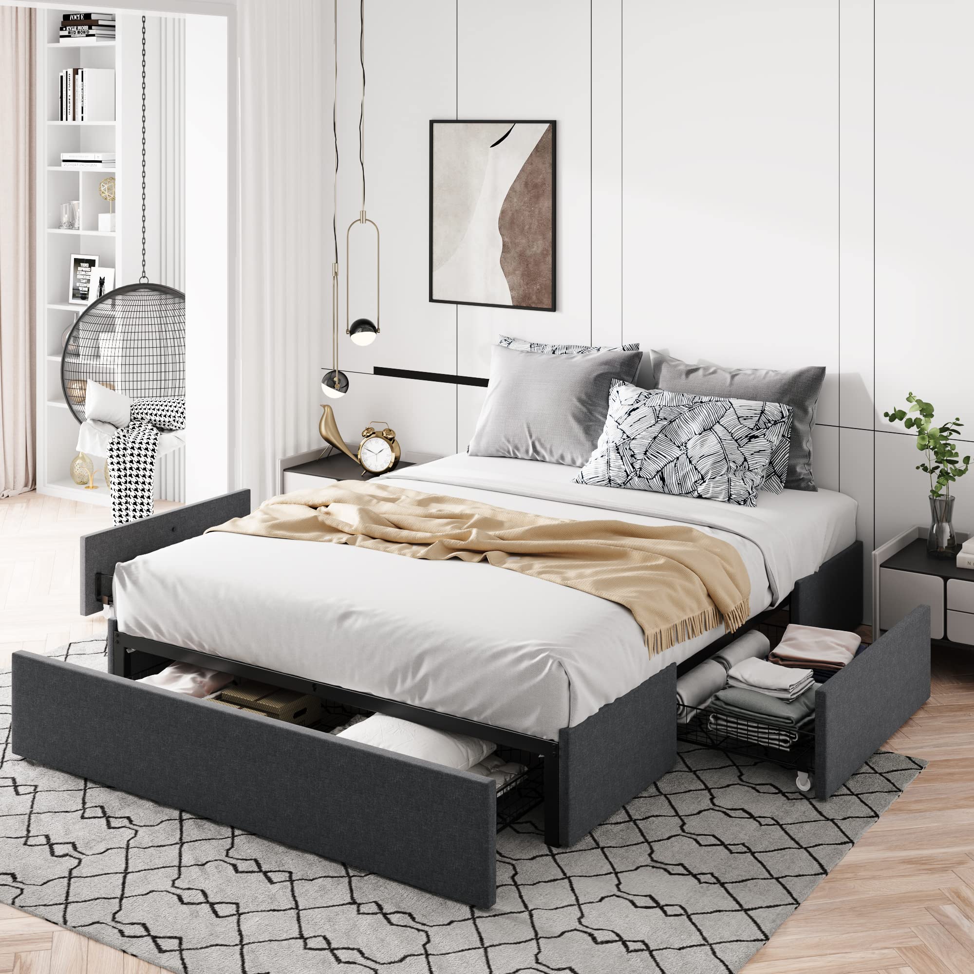 Full Size Platform Bed Frame with 3 Storage Drawers