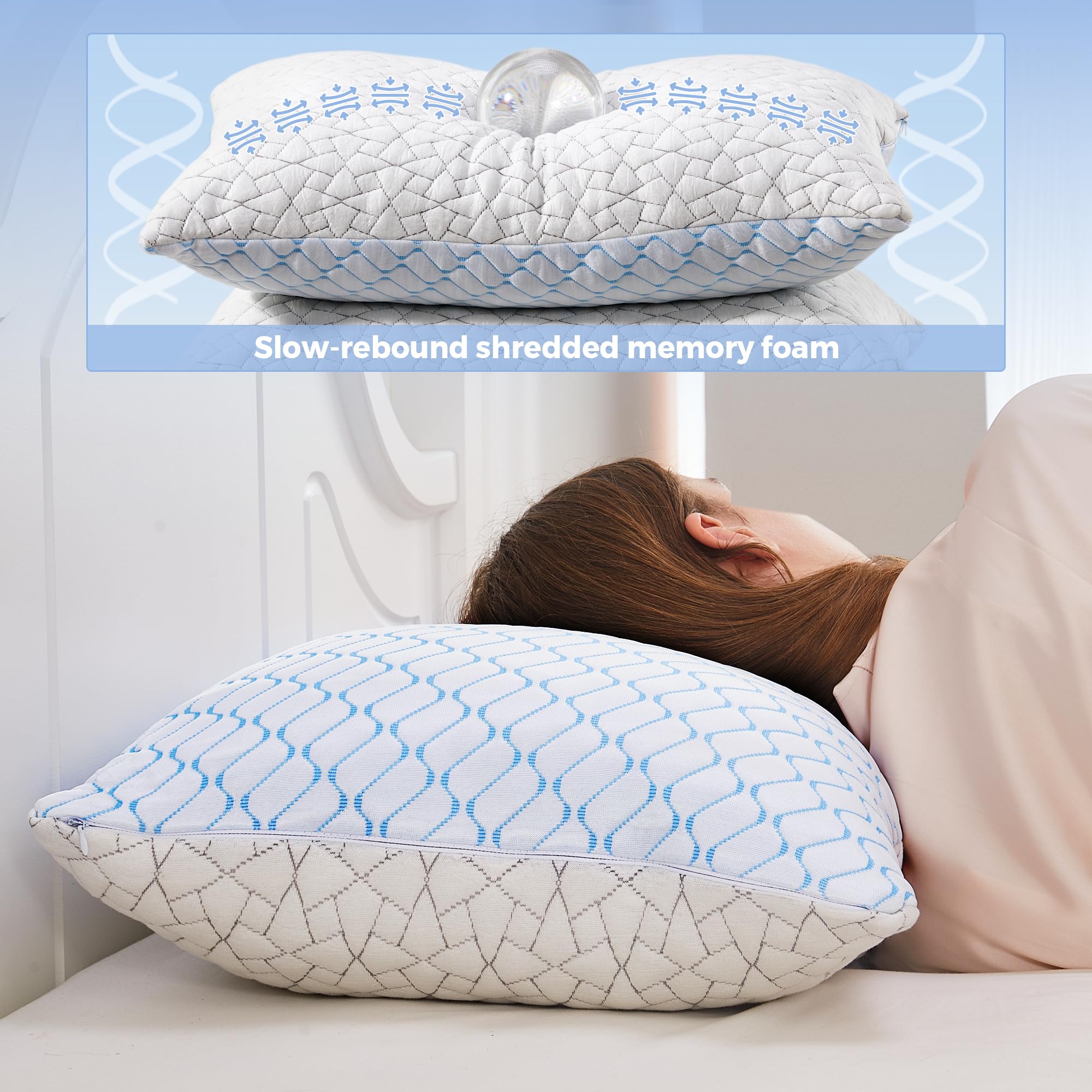 Pillows Standard Size Set of 2, Shredded Memory Foam Pillows, Cooling Pillow
