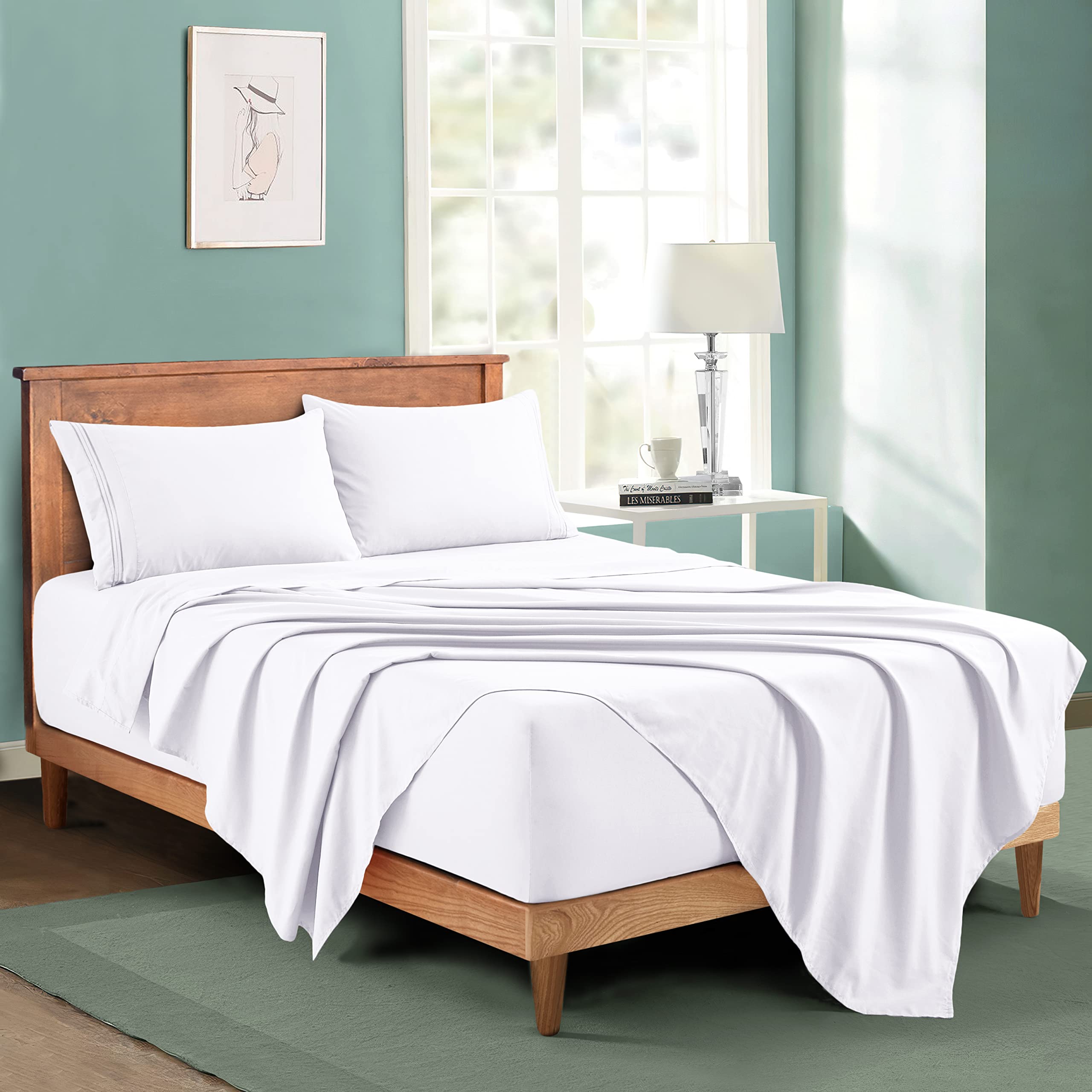 5 Pcs Sheet Set with Pleated Bed Skirt Vertical 3 Line Embroidered Matching Thread Extra