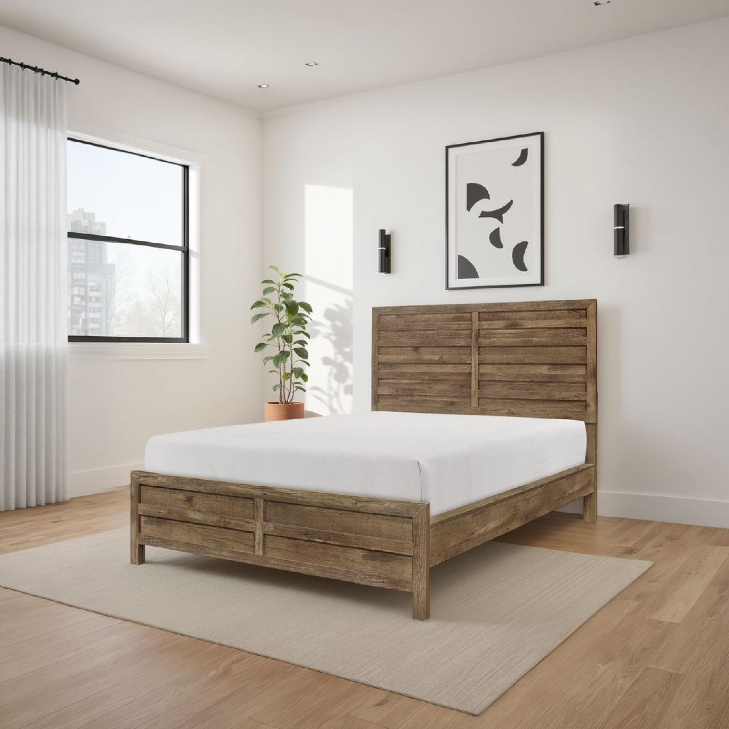 BM295852 Zane Transitional Bed with Wood Plank Design Weathered Pine Veneer - Queen