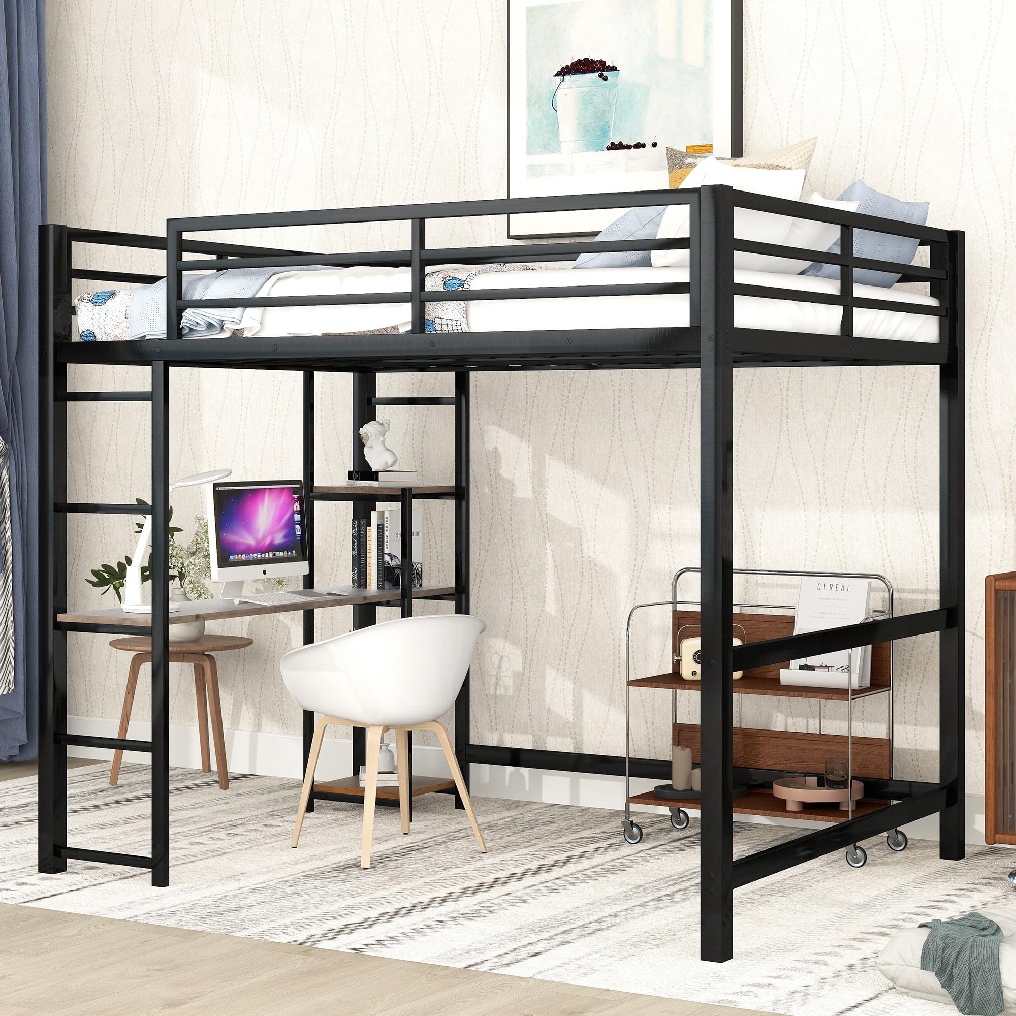 Full Size Loft Bed with Desk,Metal Heavy Duty Loft Bed Frame with Storage