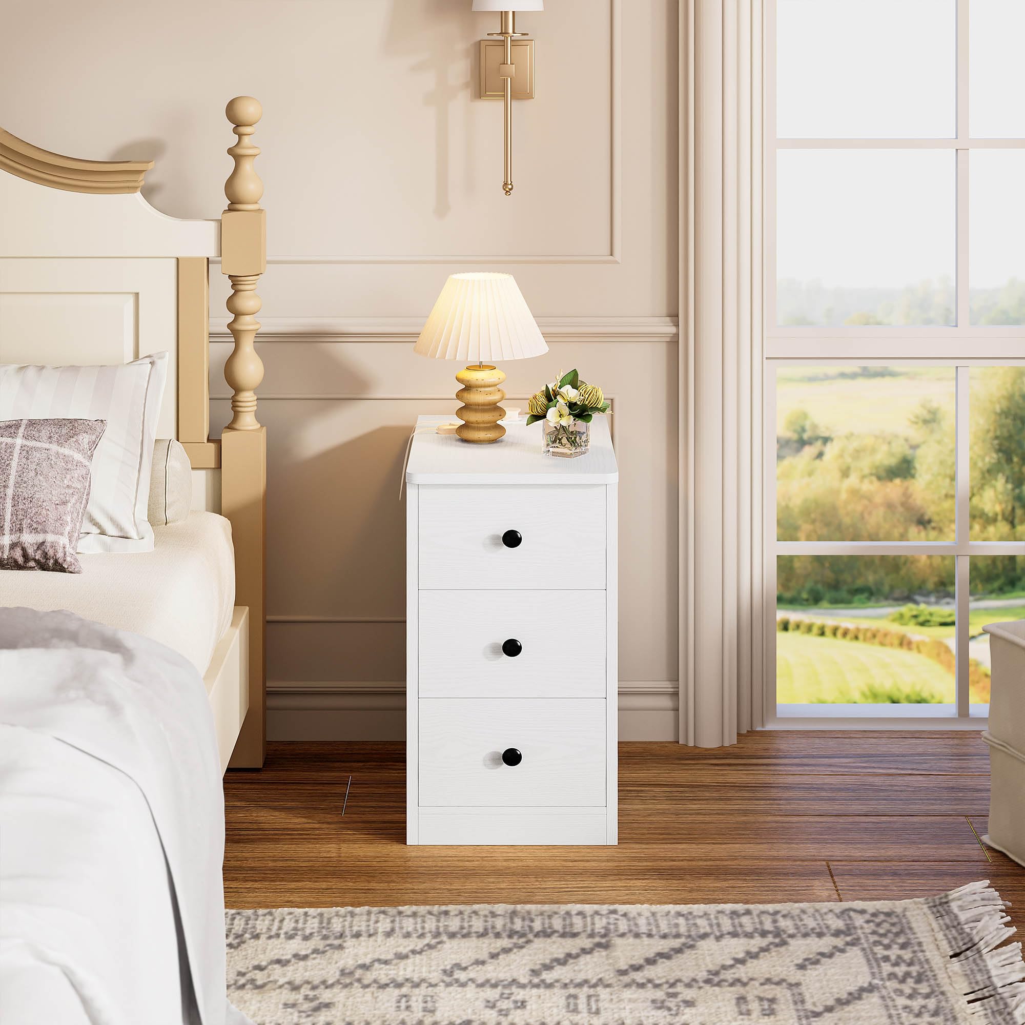 Nightstand with Charging Station, Narrow Bedside Table with 3 Drawers, End Table with USB Ports and Outlets, Side Table for Living Room/Bedroom Modern