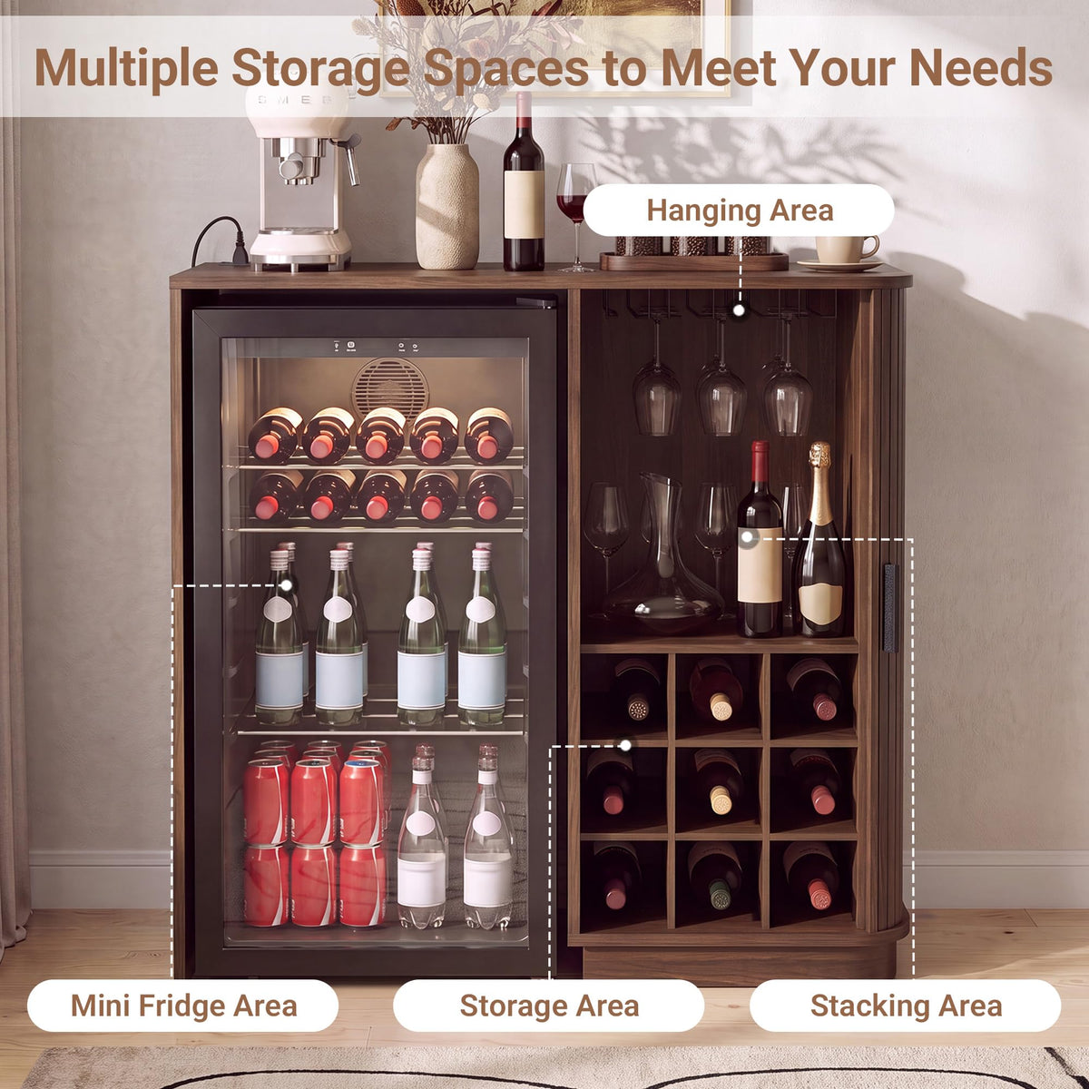 Mini Fridge Bar Cabinet with Glass Rack & Wine Storage
