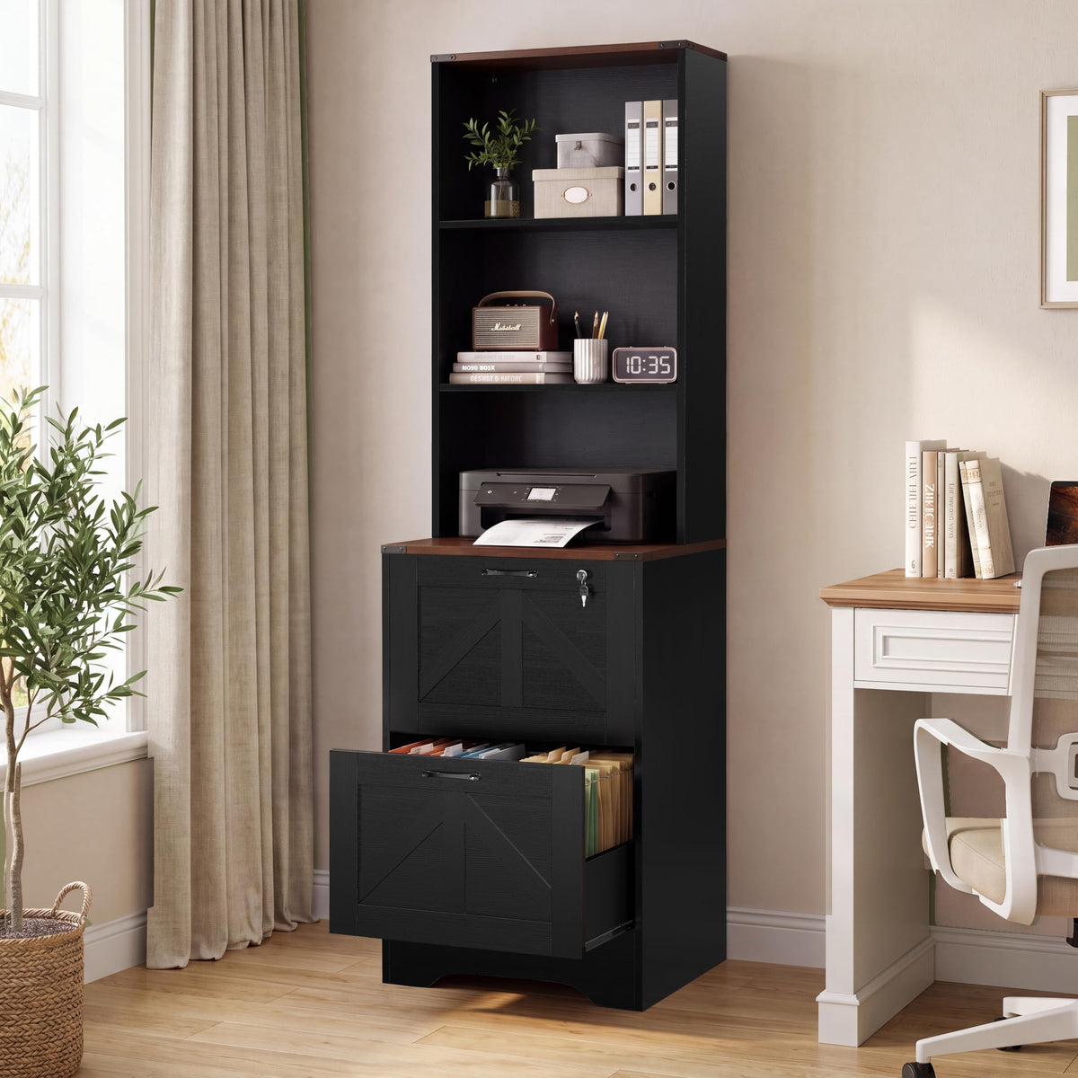 2-Drawer File Cabinet with Open Shelves & Printer Stand