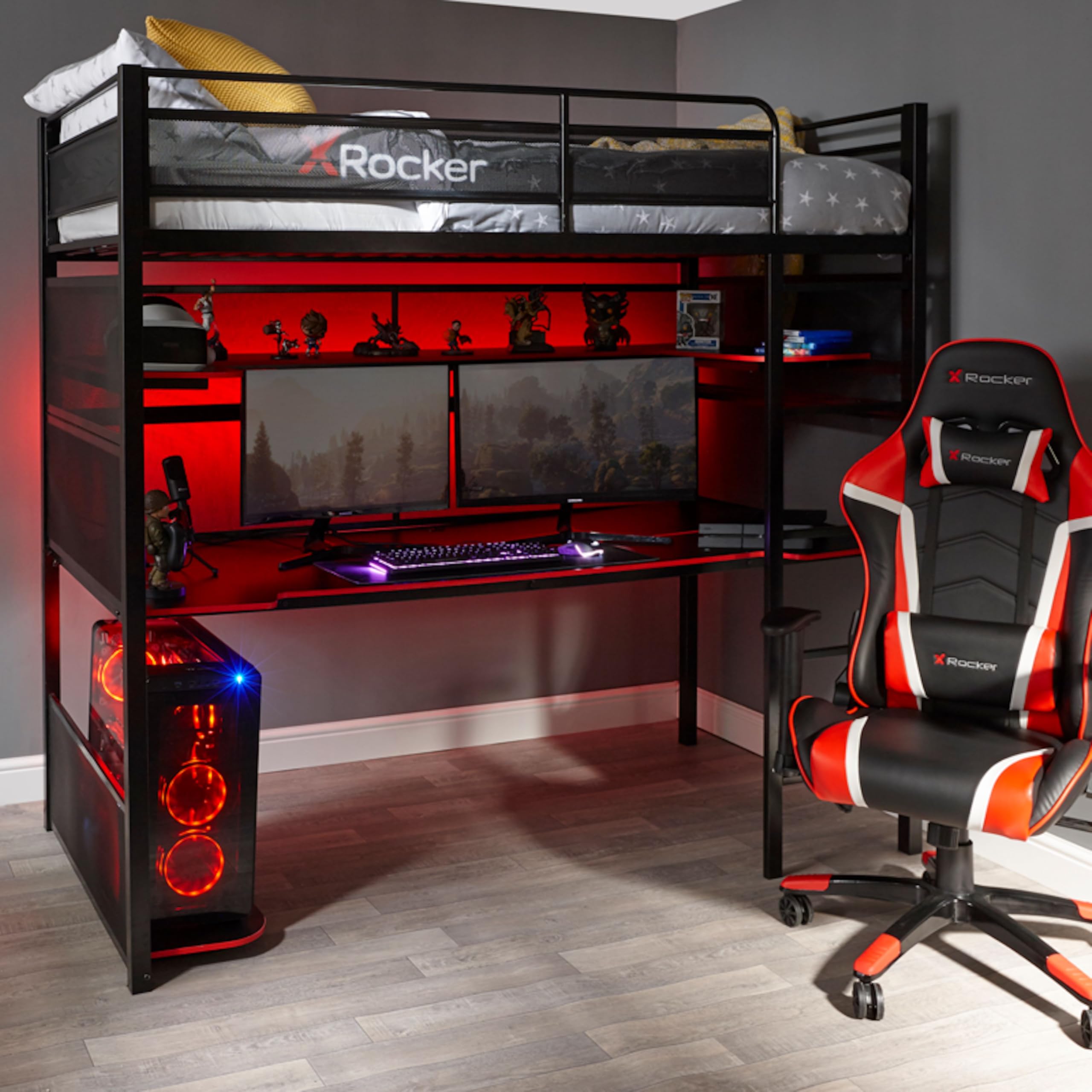 Gaming Bed, Twin Size Loft Bunk, Durable Black Metal Frame, Built-in Shelving