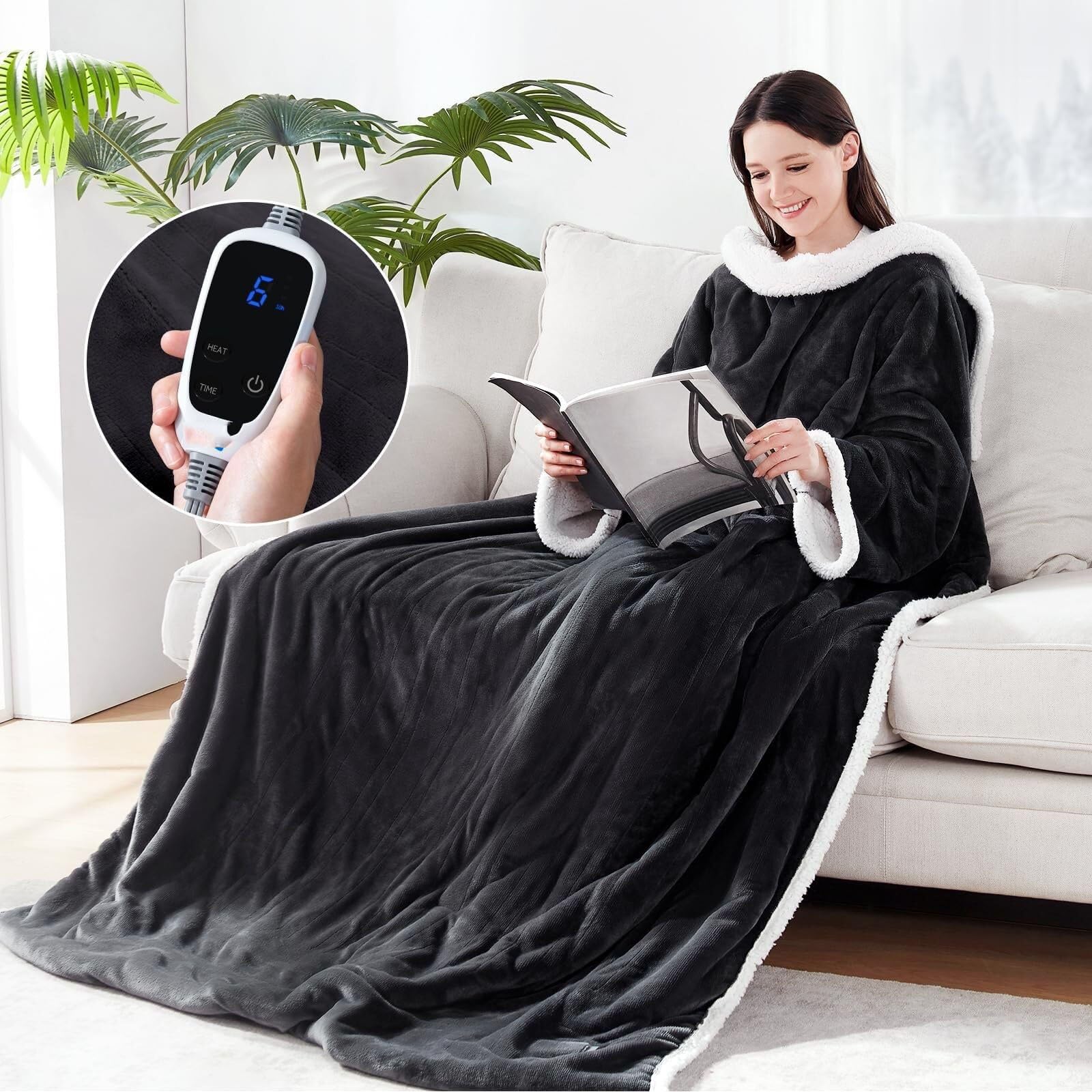 Electric Blanket Wearable with Foot Pocket, Throw with 6 Heat Settings