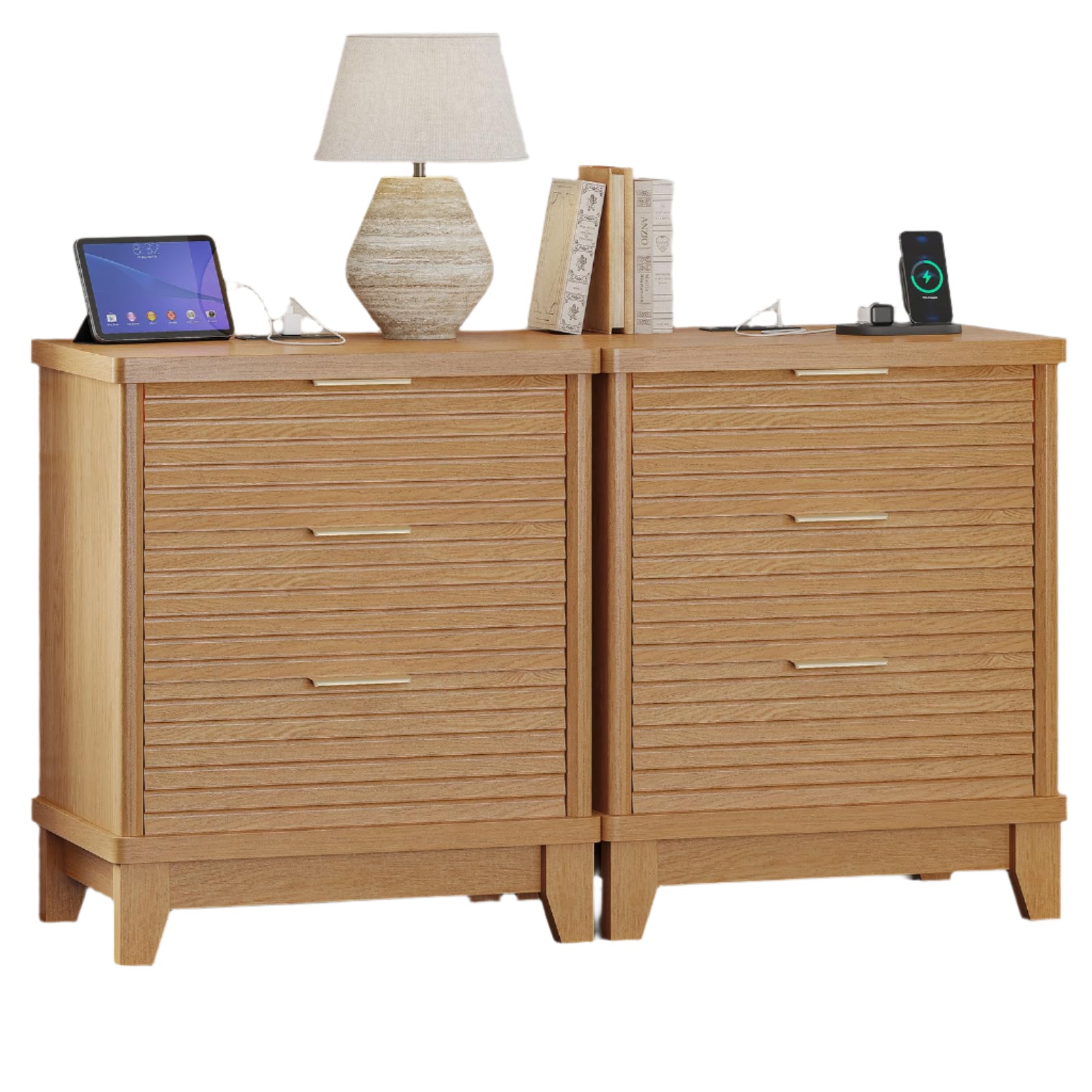 Fluted Night Stand with Charging Station and 3 Drawers, Wood Nightstands Beside Table