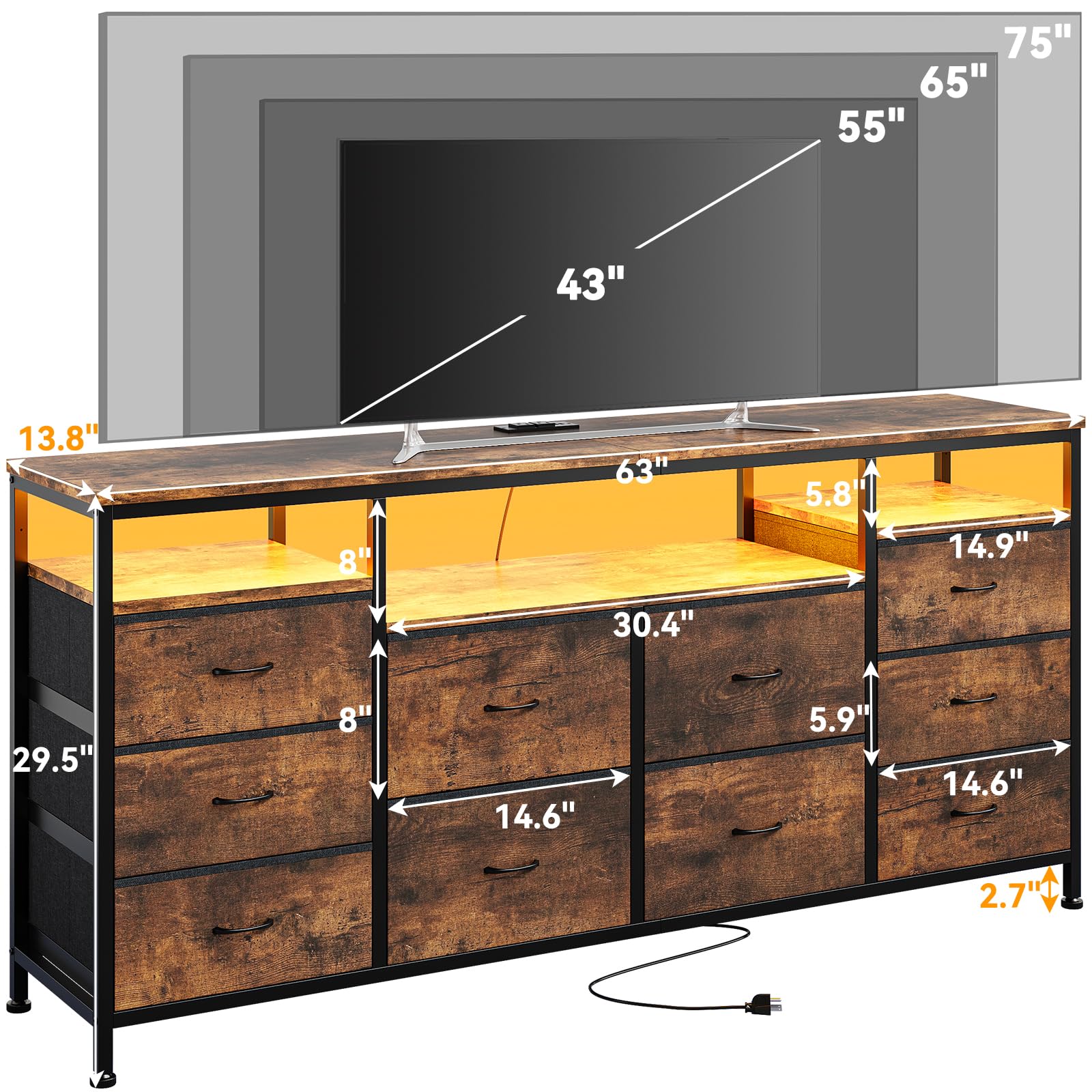 63.3 Inch Dresser for Bedroom, 10 Drawer Dresser TV Stand for 65 70 75 Inch TV, Fabric Chest of Drawers with LED Lights & Power Outlets, Long Entertainment Center for Closet, Living Room, Entryway